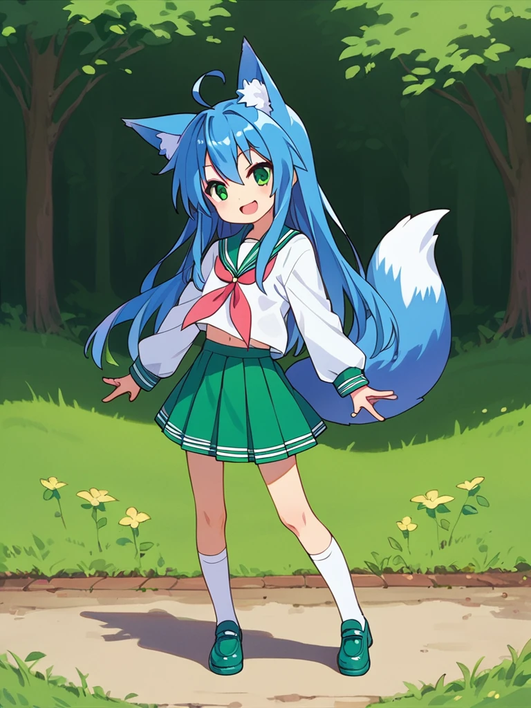 score_9, score_8_up, score_7_up, best quality, masterpiece, source_anime, photo, (natural skin, detailed skin:0.8), uncensored,
(child ,cute ,small girl:0.5), (colourful,Colouring in:1.0),skinny,
konata izumi, long hair, green eyes, ahoge, blue hair, blue fox ears, blue fox tail, skinny, 
flat chest, 
1girl, outdoors, serafuku, green miniskirt, green sailor collar, shoes, white and green tighhighs, smile,
dynamic pose,v,
,   