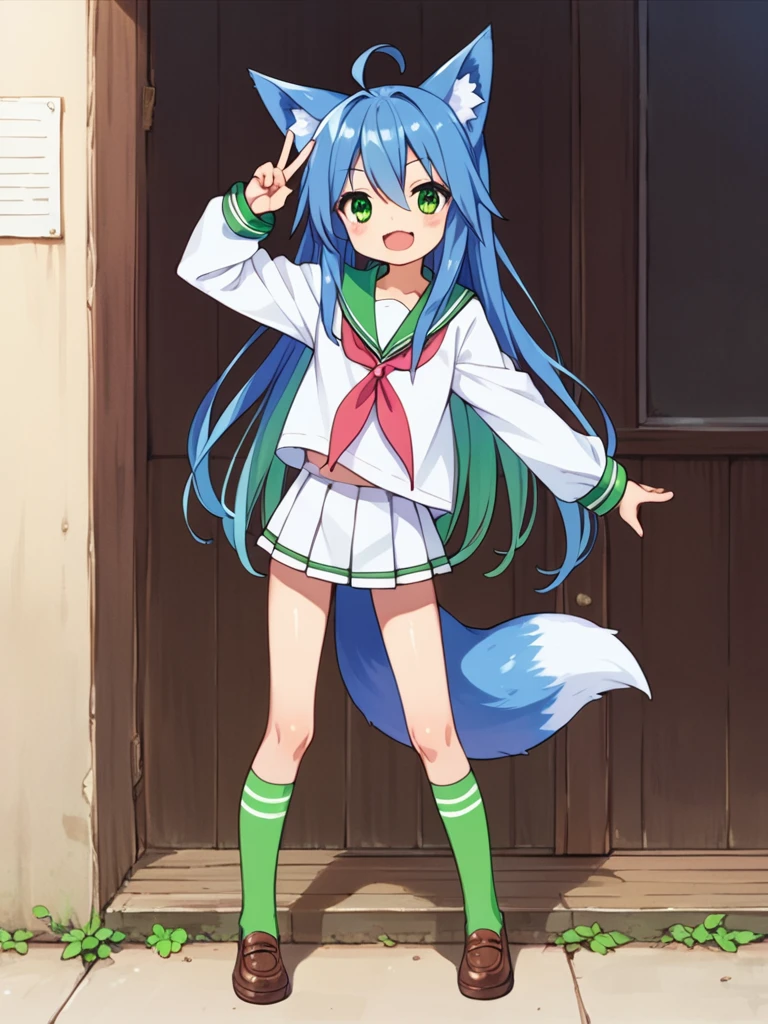 score_9, score_8_up, score_7_up, best quality, masterpiece, source_anime, photo, (natural skin, detailed skin:0.8), uncensored,
( ,cute ,small:0.5), (colourful,Colouring in:1.0),skinny,
konata izumi, long hair, green eyes, ahoge, blue hair, blue fox ears, blue fox tail, skinny, 
flat chest, 
1girl, outdoors, serafuku, green miniskirt, green sailor collar, shoes, white and green tighhighs, smile,
dynamic pose,v,
,   