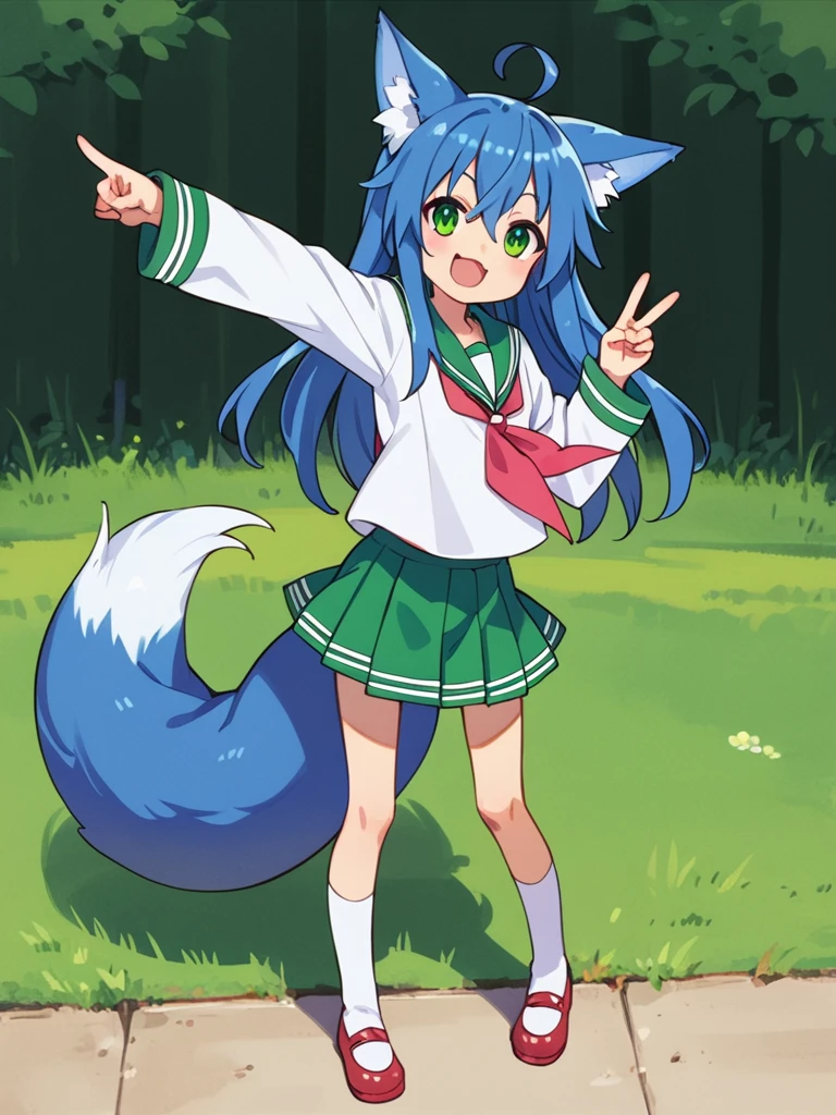 score_9, score_8_up, score_7_up, best quality, masterpiece, source_anime, photo, (natural skin, detailed skin:0.8), uncensored,
( ,cute ,small:0.5), (colourful,Colouring in:1.0),skinny,
konata izumi, long hair, green eyes, ahoge, blue hair, blue fox ears, blue fox tail, skinny, 
flat chest, 
1girl, outdoors, serafuku, green miniskirt, green sailor collar, shoes, white and green tighhighs, smile,
dynamic pose,v,
,   