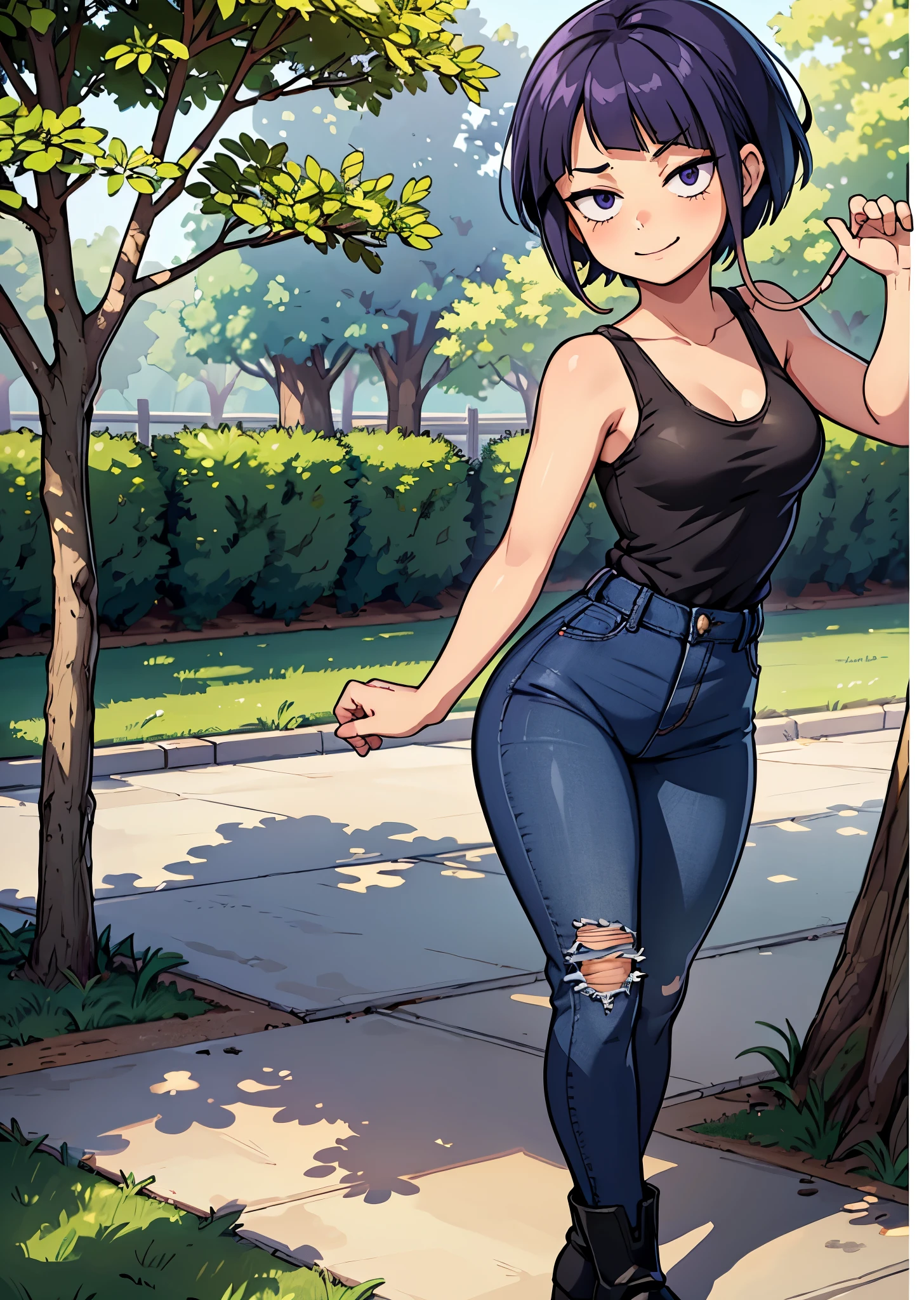 [jirou kyoka], [My Hero Academia], ((masterpiece)), ((HD)), ((high res)), ((solo portrait)), ((front view)), ((detailed shading)), ((intricate details)), {slim attractive figure, earphone jack earlobes, cute eyes, short dark-blue hair, short eyelashes, small breasts, curvy hips, beautiful legs}, {(purple tank top, ripped black jeans, black platform boots}, {(cute smirk)}, {(walking), (looking at viewer)}, [Background; park, sun rays, trees, sun rays through trees, ambient lighting]