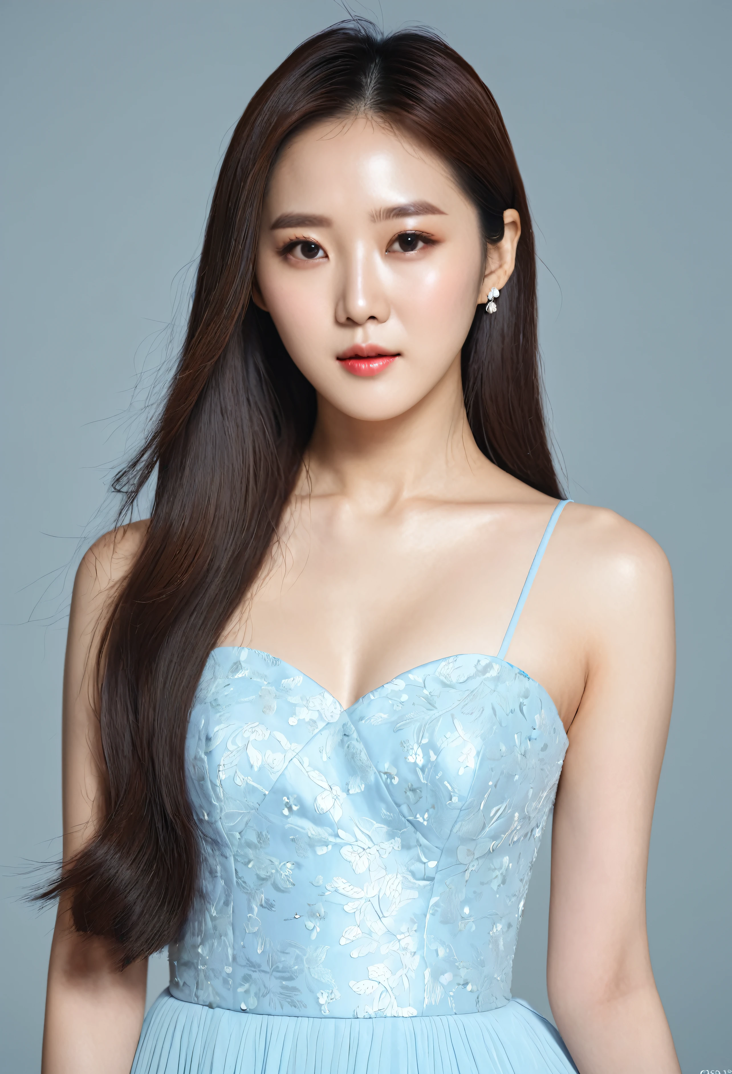 Realistic photos (one cute korean actress) Straight long hair, light makeup, Medium chest, Long dress, close, Canon EOS 8K high resolution captures facial features clearly, Sharp details, Realistically