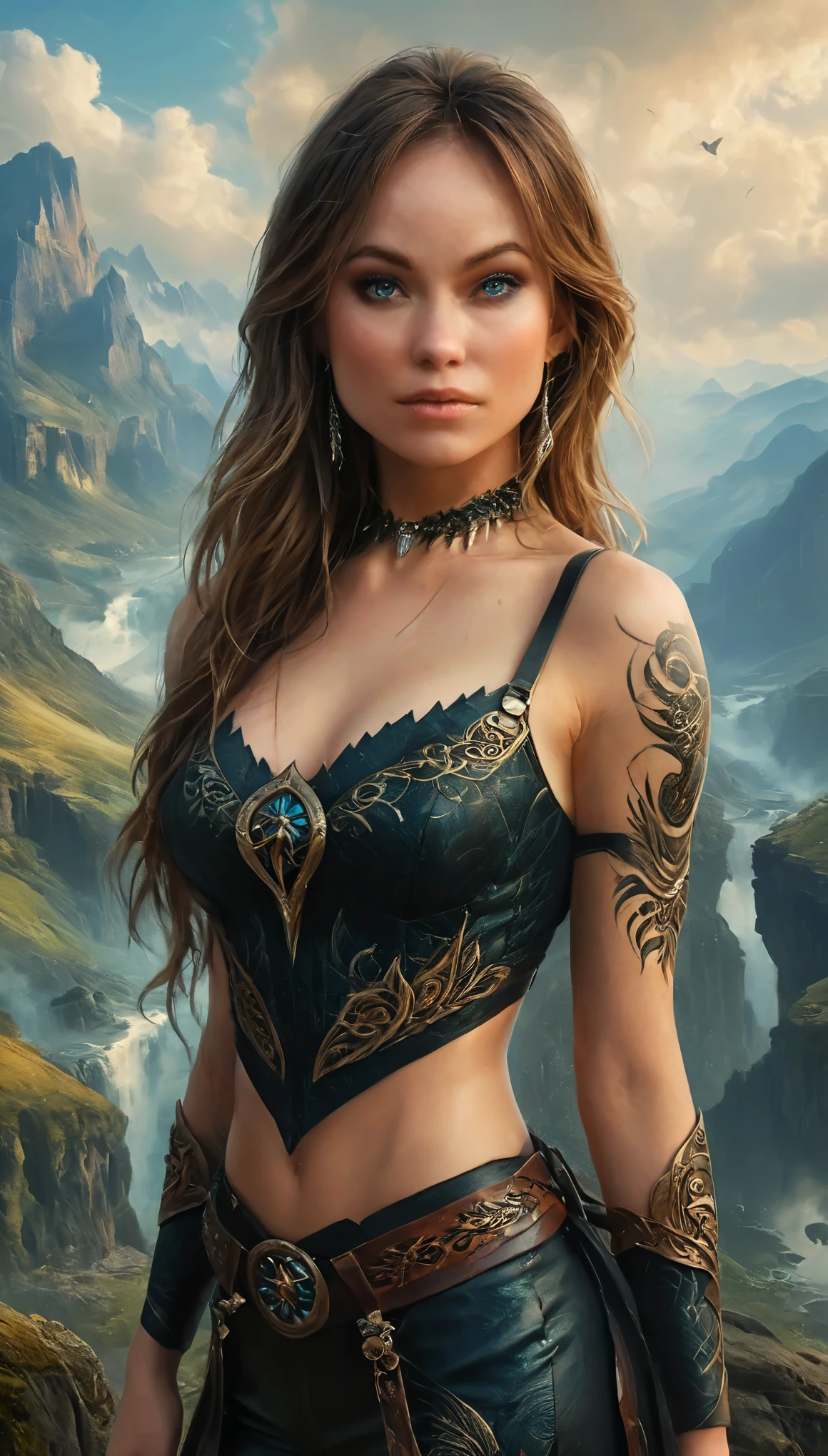 dark fantasy, (realistic, photo-realistic:1.37), (full body shot:1.4), (ohwx woman), Olivia Wild with tribal tattoos on neck and arms, fantasy world, tribal patterns on the tattoos, wearing fantasy art bra and leather tight trousers, holds a long magical spear, immersive fantasy background, rough texture, surreal landscapes, (ethereal beauty:1.1), supernatural elements, (fine art, oil painting:1.3), (expressionless face:0.9), (haunting beauty:1.1), (intricate patterns:1.2), (majestic:1.1), (mystical aura:1.1), (enchanted:1.1), (elegant:1.1), (captivating:1.1), (dark shadows:1.1), oliviawild