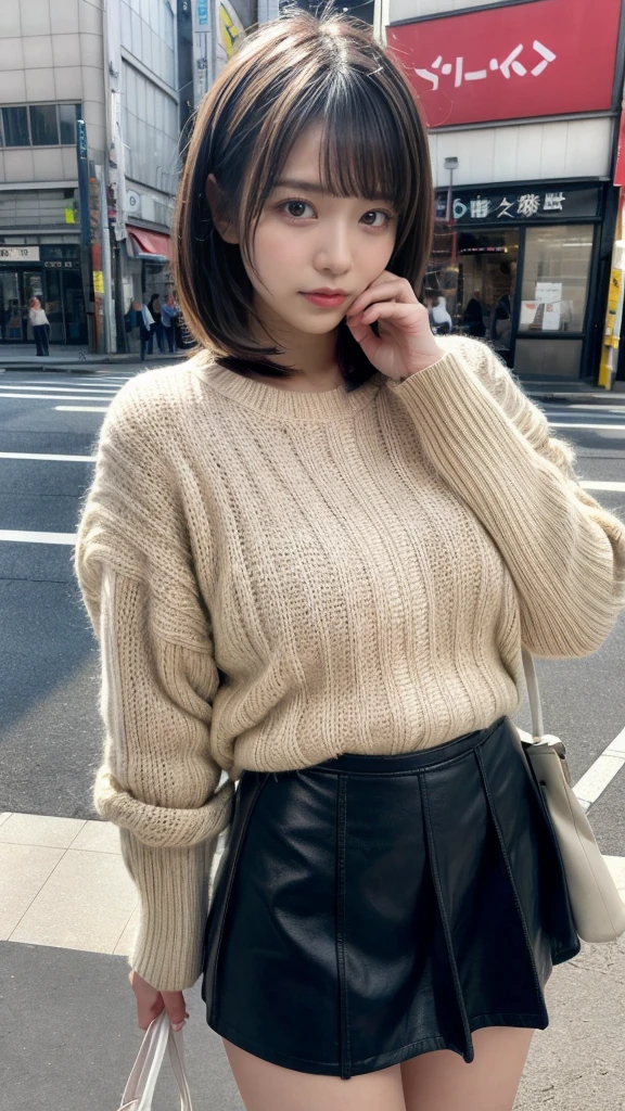 muste piece, best quality, illustration, Super detailed, fine details, High resolution, 8K,wall paper, perfect dynamic composition,(Details High quality, realistic depiction of eyes:1.3), short hair, Gorgeous and stylish black fluffy latest trend Tokyo winter clothes, wool sweater, A-line skirt, short bob hair, black hair color, Big Natural Color Lip, sexy pose, crying a little、cold gaze, Harajuku style、20 year old girl、cute type、lolita, hposing Gravure Idol, full body photo、focus on crotch, huge breasts