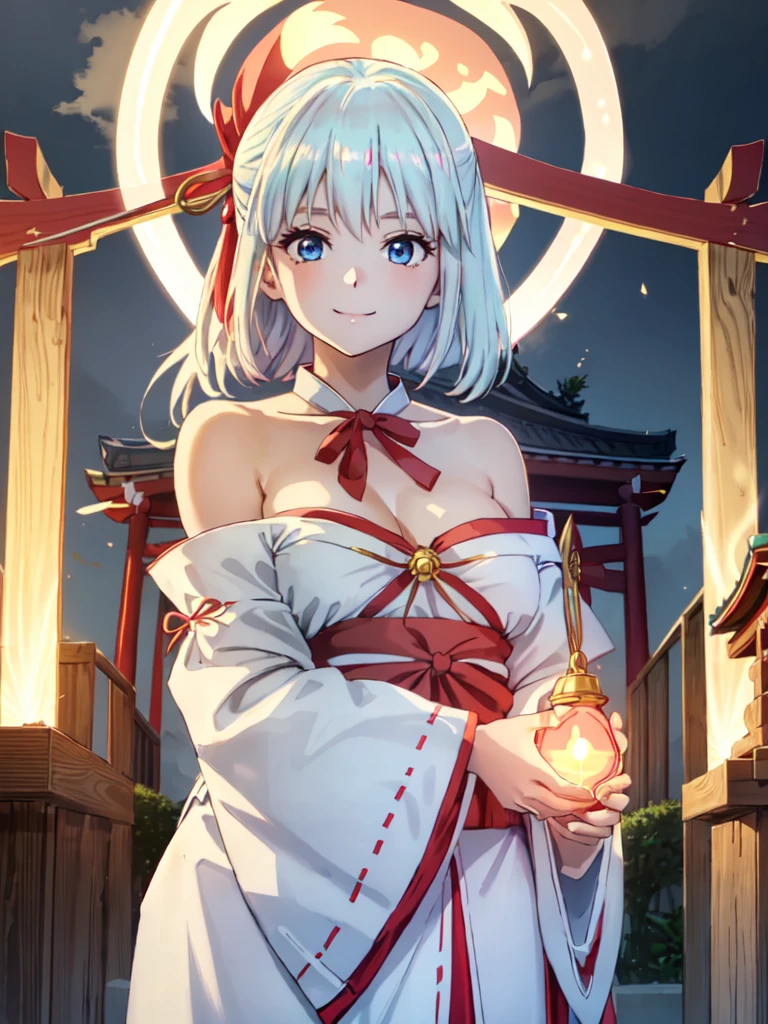 masterpiece, best quality, ultra detailed, highres, extremely detailed CG unity 8k wallpaper, perfect lighting, very detailed background, Outdoor、beautiful and aesthetic,sharp focus, perfect face, Perfect hands、Perfect Fingers、Perfect toes、Five fingers、
1lady、 smiling、
Light blue hair, Big light blue eyes、delicate oval face、(mega breasts)、Looking up at the viewer、
(shrine maiden outfit:1.5)、(Kamiru bell:1.3)、
(off shoulder:1.3)、(Holding a kagura bell in hand:1.5)、
(bare shoulder:1.5)、(Hairpin:1.5)
Ambient light、Volumetric Light、shoot from side、(Glowing Skin:1.8)