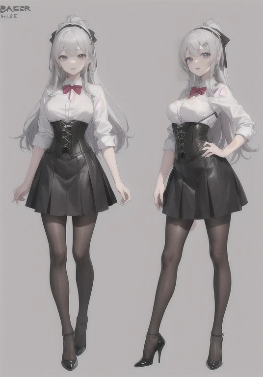 silver hair,Long hair,Adult female,Bartender,((Rolling up your sleeves shirt)),(Corset),(Tight skirt),High heels,((Simple background)),Smile,((Full body)),((whole body)),Character Sheet,
