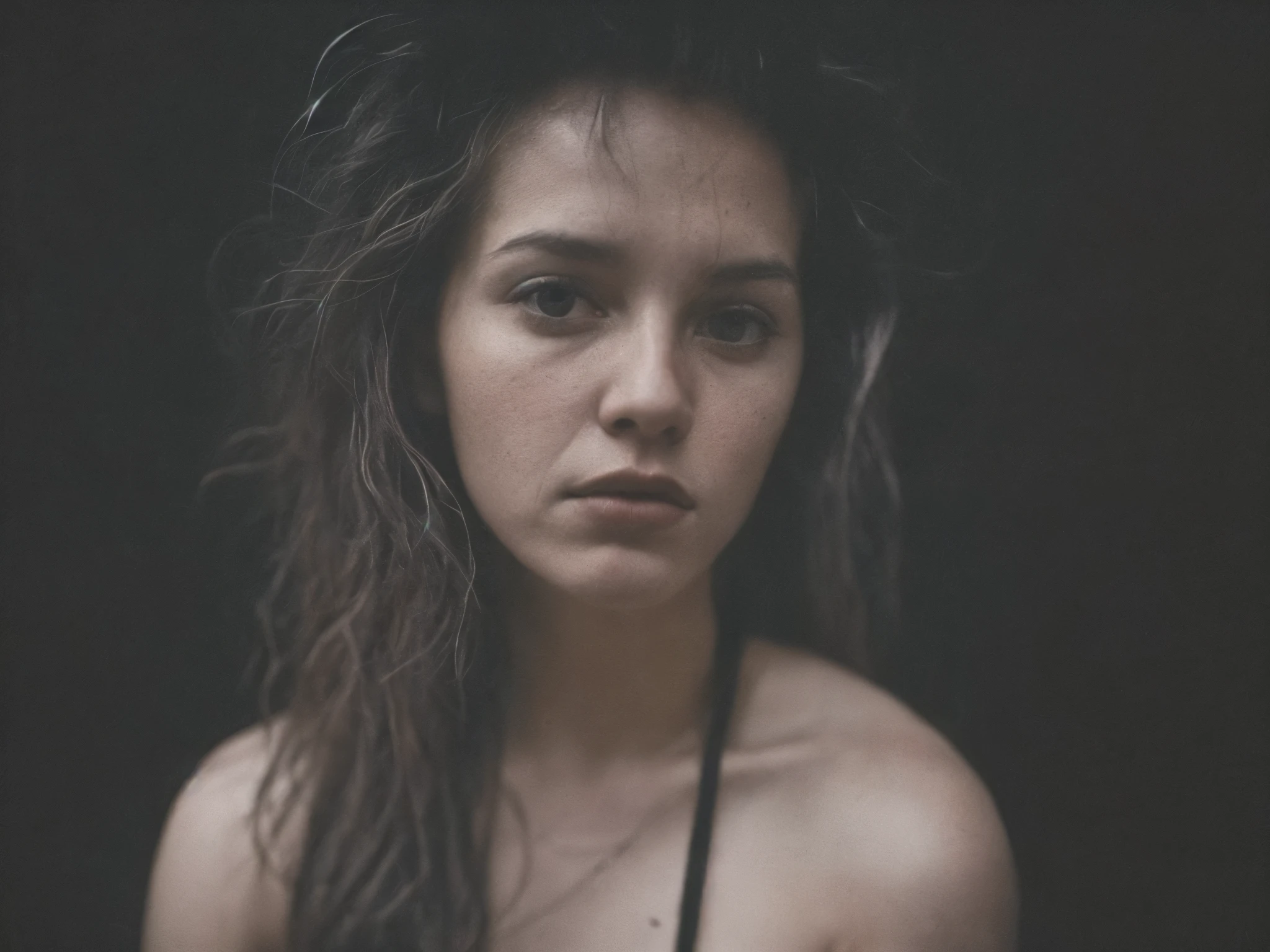 A 16-year-old woman,pelo largo,tema oscuro, Tonos relajantes, Colores apagados, Alto contraste, (textura natural de la piel, hiperrealismo, Luz tenue, afilado),fondo rojo,Fondo simple, top-less