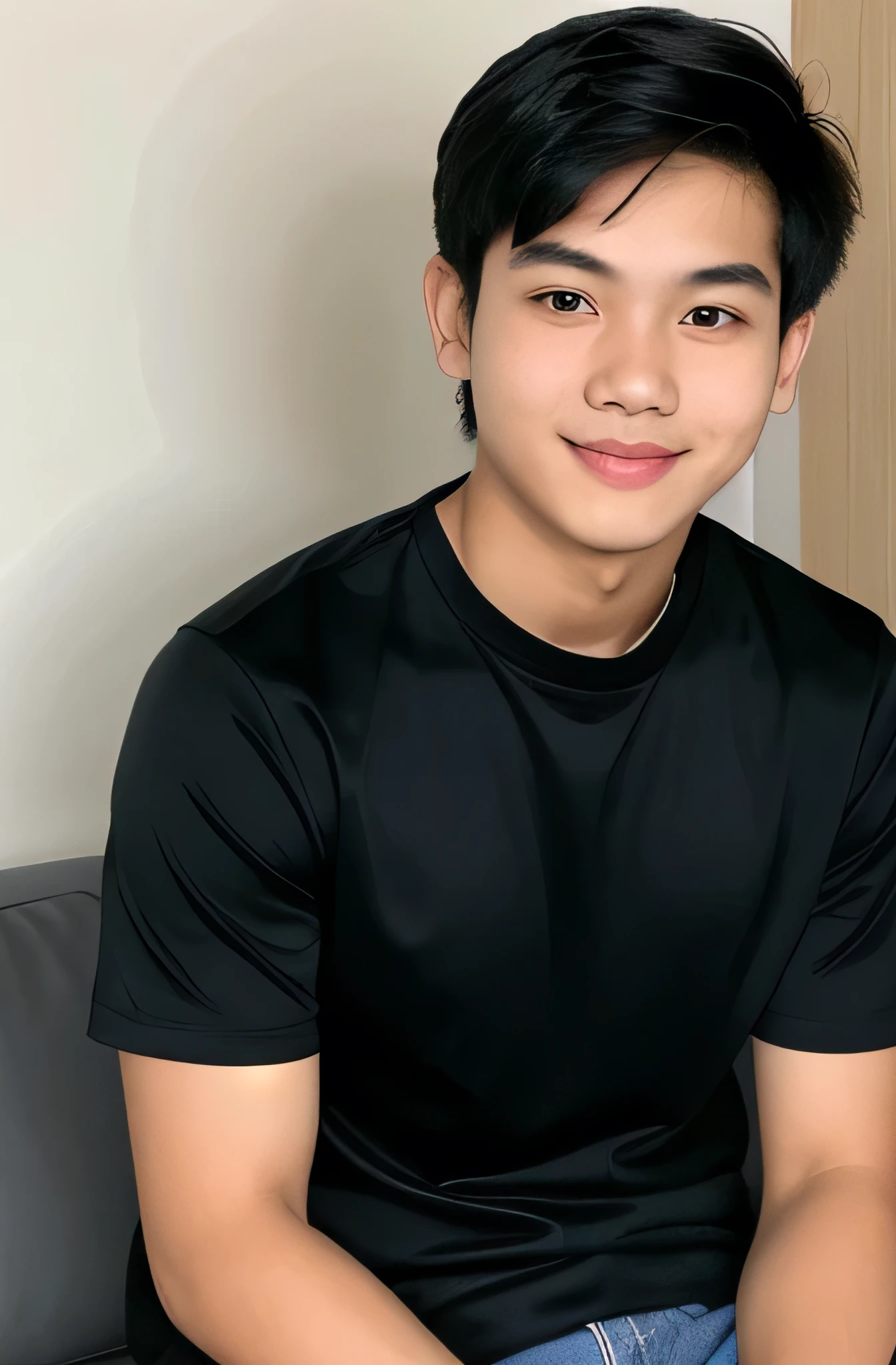 Thai boy, wearing a black shirt, black hair, 18 years old, 18+