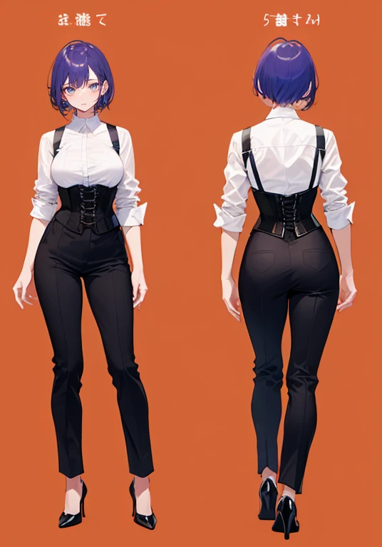 Purple hair,short cut hair,Adult female,Bartender,((Rolling up your sleeves shirt)),(Corset),(slacks),High heels,((Simple background)),Smile,((Full body)),((whole body)),Character Sheet,