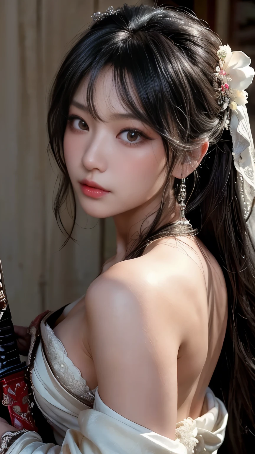 (Best image quality), (masterpiece), (Vibrant, Photo realistic, Realistic, dramatic, dark, Sharp focus, 8k), beautiful, Highly detailed face and skin texture, sexy wedding dress, Heavenly beauty, Mature Asian Woman,Long black hair, Compensate, Browsing Caution ,Close-up shot, ((Backlight)), Holding the Sword, Samurai Wedding