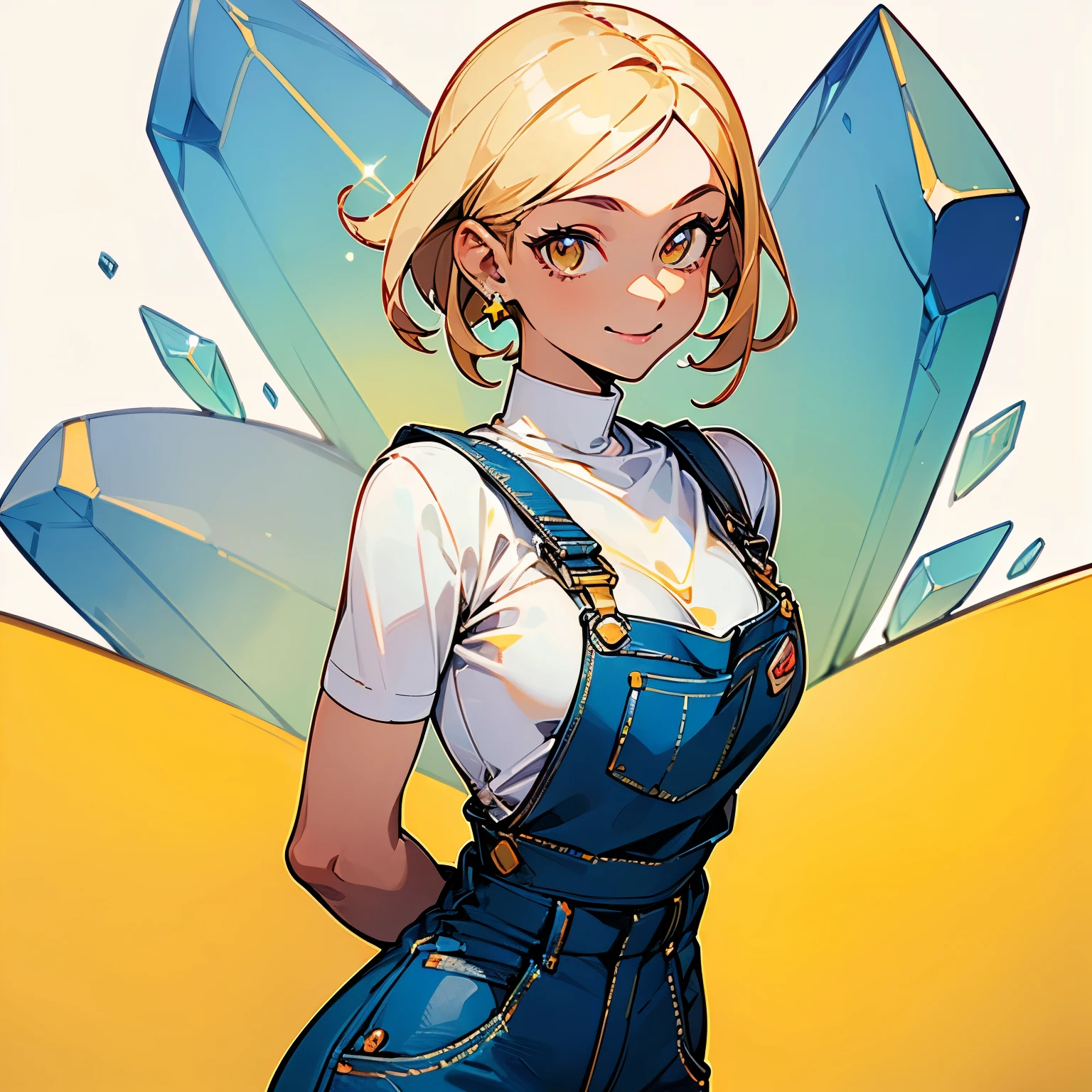 (masterpiece, top quality, best quality, official art, beautiful and aesthetic:1.2), 1 woman, tanned, dark blue overalls, farmer, short yellow hair, mature, big boobies, milf, toned body, sparkling nice detailed crystal clear yellow eyes, kind, smiling, (completely white background)