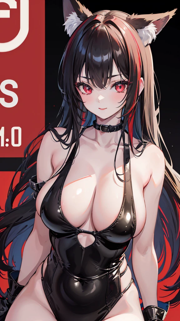 1 girl、kiss,Red lips,(8k、Highest image quality、best quality、masterpiece)、green bodysuit,Slim body,Large Breasts,Extremely detailed facial details, handcuffs,Collar,Calm expression,Red lips,Sweet smile,Black long hair, Charming red eyes, Fox ears, Ridiculously big, glowing skin,bar