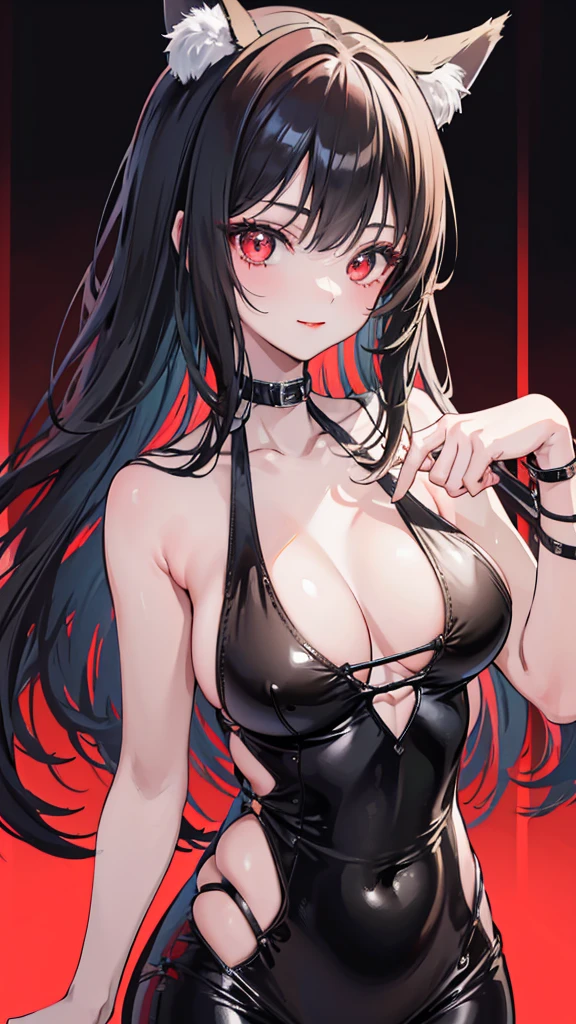 1 girl、kiss，Red lips，(8k、Highest image quality、best quality、masterpiece)、green bodysuit，Slim body，Large Breasts，Extremely detailed facial details, handcuffs，Collar，Calm expression,Red lips，Sweet smile，Black long hair, Charming red eyes, Fox ears, Ridiculously big, glowing skin,bar