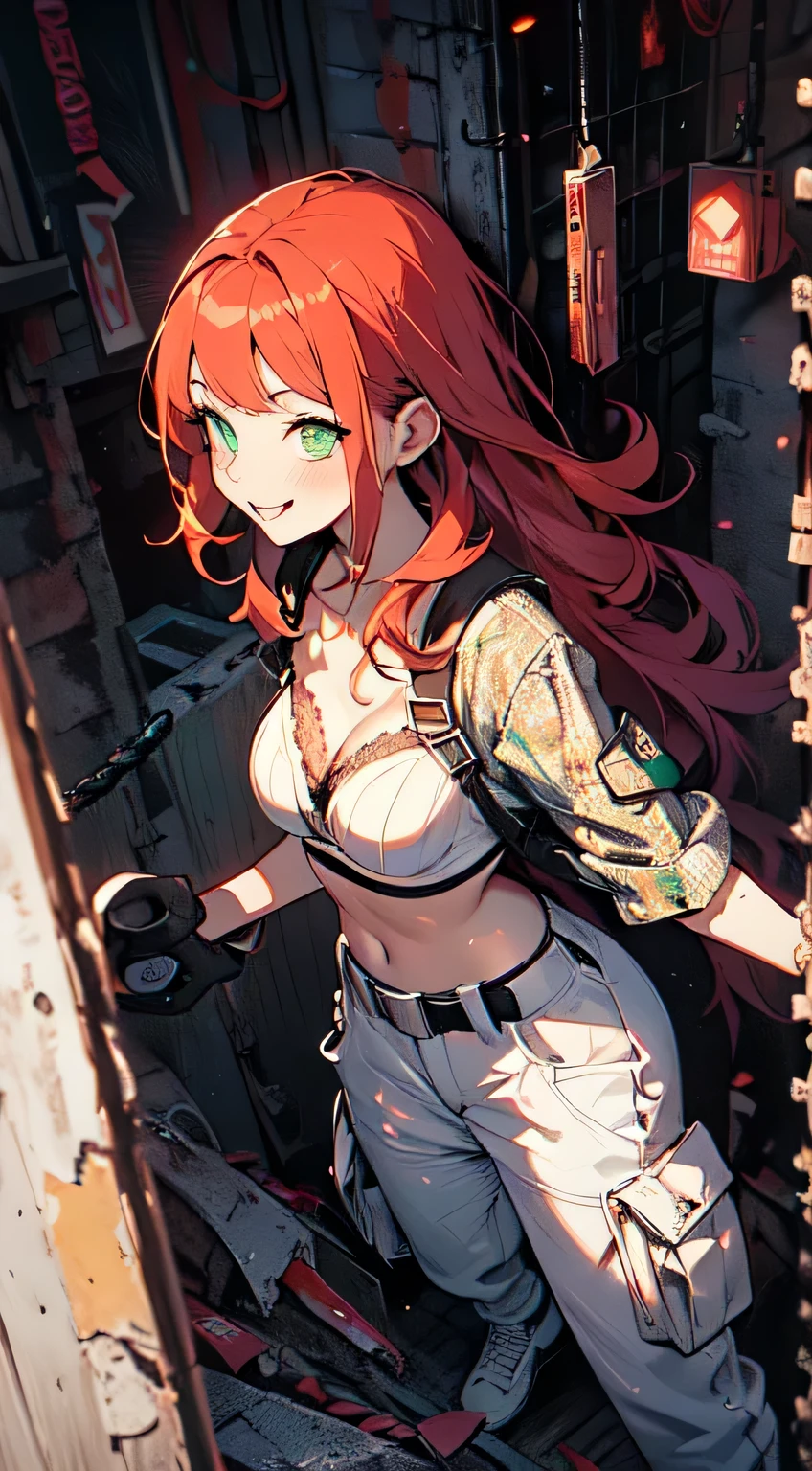 ((ciberpunk)),optical camouflage、Virtual reality glasses、luz neon、Cidade do Futuro、Shiny jumpsuit、(1 garota em, Sozinho:1.6),(Sorriso fofo),(The clothes are simple), (Melhor Impacto:1.5), (maximalismo:1.7), vivid contrast, (realista), hyperrealistic illustrations, high resolution, ultra-detalhado, absurdo,(arte fractal:1.3)、Cyberpunk, Up angle, up, birdeye view, manga style, woman skinny tall, long, bangs, straight lease hair, long, straight bangs, cherry red hair, green eyes big eyes, crazy woman, smiling sticking out her tongue, white bra top, bra top, bra big , cyber large pants, white large pants, cargo pants, cargo, a lot of belts, belts, black belts, emerald green eyes, holding a giant chainsaw, double chainsaw crazy woman, yellow plain background, full white clothes only, white clothes