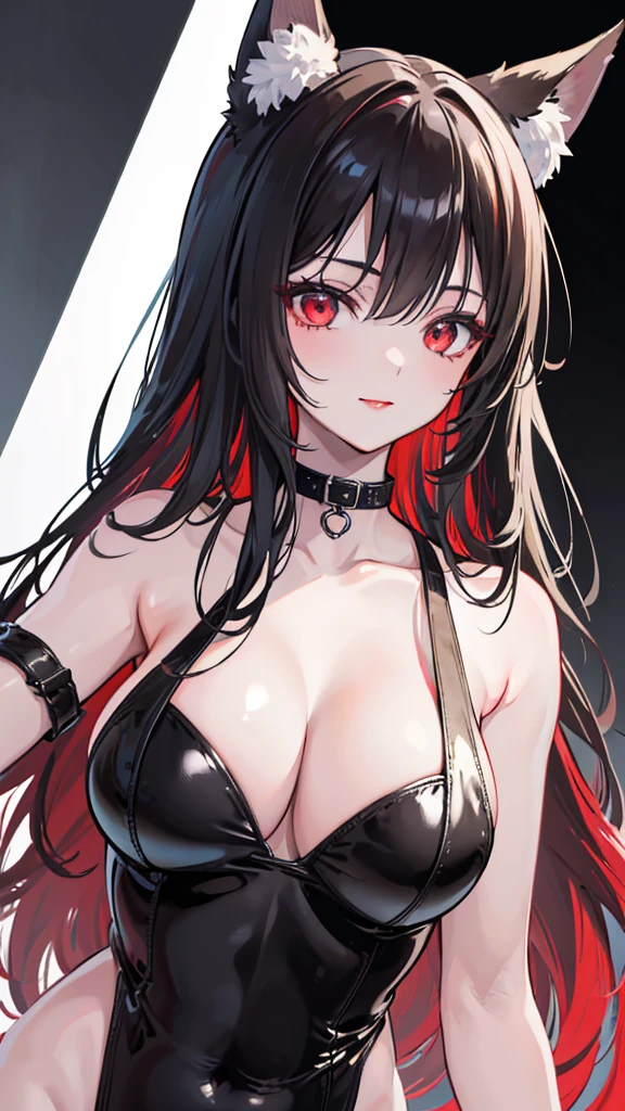 1 girl、kiss，Red lips，(8k、Highest image quality、best quality、masterpiece)、green bodysuit，Slim body，Large Breasts，Extremely detailed facial details, handcuffs，Collar，Calm expression,Red lips，Sweet smile，Black long hair, Charming red eyes, Fox ears, Ridiculously big, glowing skin,bar