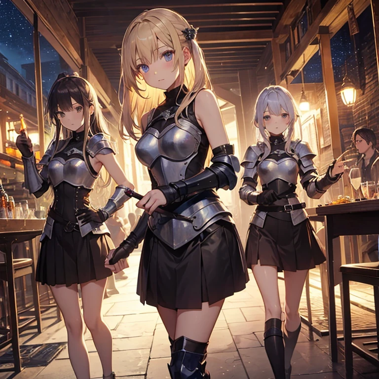 A group of young female knight, (in tavern), various hair styles, harem, wearing armored clothes, metal armor, night, details face, , short skirt, seducing, sword, sleeveless , night, starry night
