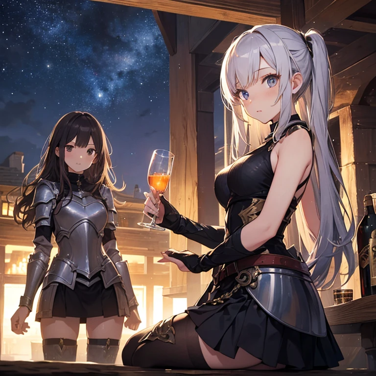 A group of young female knight, (in tavern), various hair styles, harem, wearing armored clothes, metal armor, night, details face, , short skirt, seducing, sword, sleeveless , night, starry night