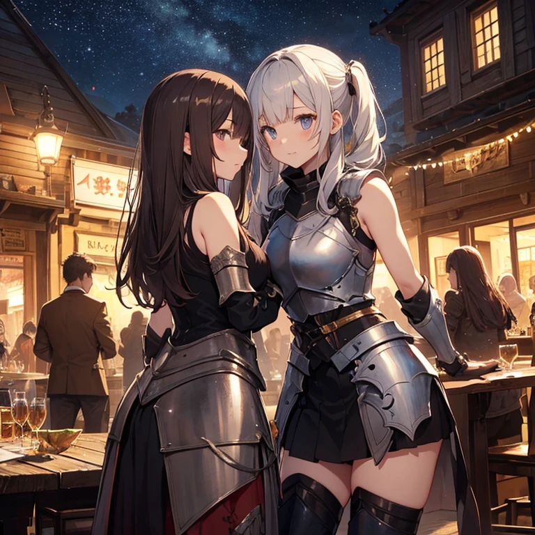 A group of young female knight, (in tavern), various hair styles, harem, wearing armored clothes, metal armor, night, details face, , short skirt, seducing, sword, sleeveless , night, starry night