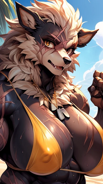 ((masterpiece)), ((high resolution)), ((Anime style)), ((best quality)), ((super fine illustration)), ((highly details)), ((8k)), ((detailed face)), ((detailed hands)), ((detailed body)), ((detailed eyes)), ((SFW:1.8)), ((solo)), ((uploaded on e621)), (by slugbox), (by bonifasko), (by cervina7), (by null-ghost), ((Arcanine)), ((character of pokemon)), ((orange body)), ((black chest:1.6)), ((black belly:1.4)), fluffy dog, ((female anthro)), ((anatomically correct)), ((pawpads:1.3)), (five fingers), ((tuft)), ((fluffy fur:1.3)), ((fluffy fur body:1.3)), ((detailed fluffy fur)), ((big yellow eyes)), ((looking at viewer)), ((face focus)), ((close up portrait:1.8)), ((furry)), ((huge muscular female:1.3)), ((muscular figure)), ((massive and strong body)), ((vein:1.3)), ((veiny muscles:1.3)), ((huge :1.6)), ((breasts:1.3)), ((sagging breasts:1.3)),le outline:1.6)),sy outline:1.3)), ((big es:1.3)), ((muscular arms)), ((muscular legs)), ((six pack abs:1.6)), (Oblique muscle), (serratus anterior muscle), ((thick thighs:1.3)), ((blush)), (long snout), (big tail), (canine teeth), (fangs), open mouth, ((breath visible)), ((sweaty:1.8)), ((many scars are covered in the body:1.4)), ((many scratches are covered in the body:1.4)), ((a lot of claw marks are covered in the body:1.4)), ((scars on face)), ((detailed scars)), ((wearing dog tags:1.6)), ((dynamic pose)), ((in the seaside)), ((on the beach)), ((the sun)), ((a crowd of furry:1.3)), ((detailed background)), ((cinematic lighting)), ((gorgeous light and shadows)), ((highly detailed background)), ((tight bikini:1.6)), ((gold bikini:1.8)), ((straps:1.2)), ((big scar on left face:1.6)), ((closed left eye:1.1)), ((cybernetic limb:1.3)),