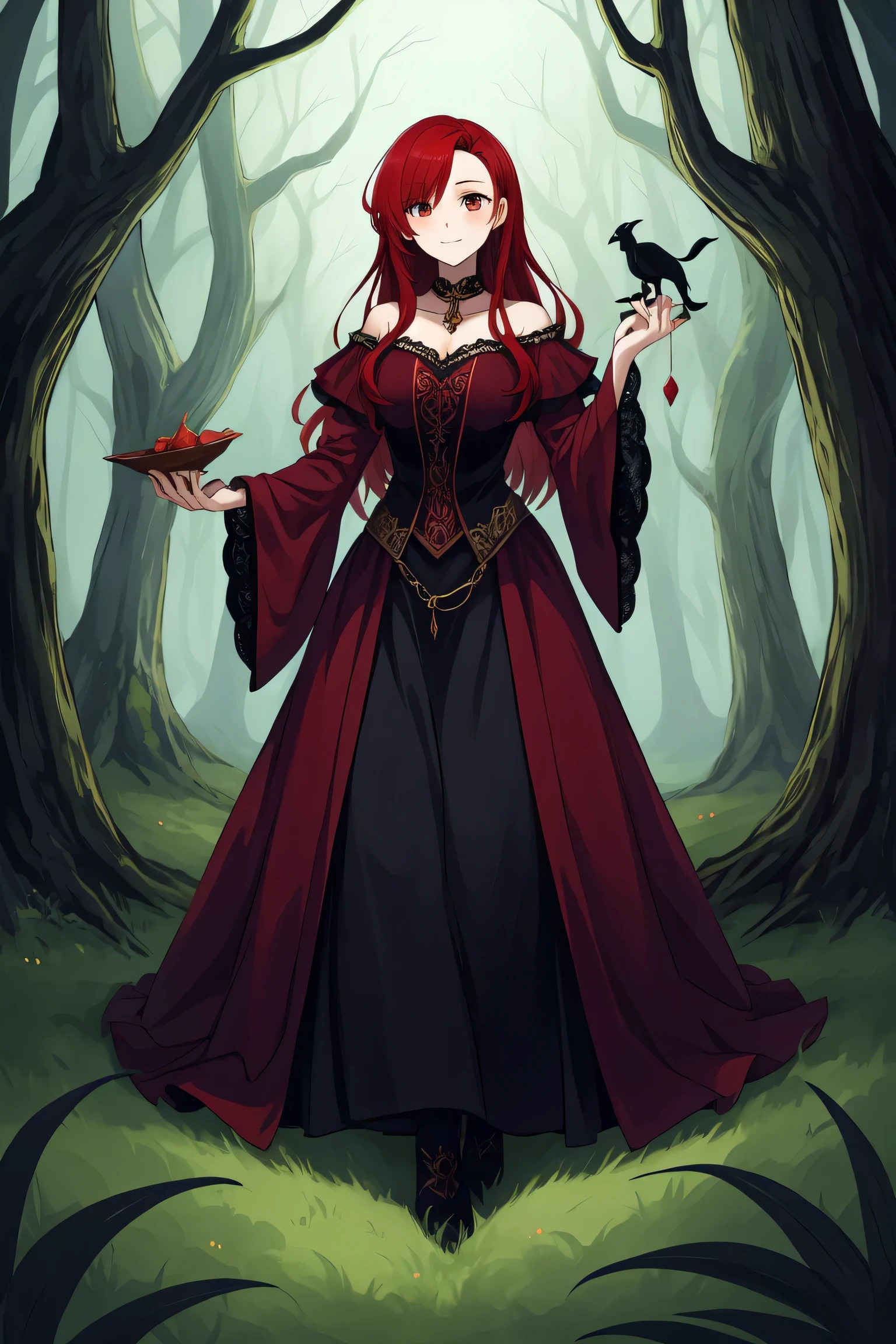 beautiful red hair female , witch long dress ,fantasy ,dark forest