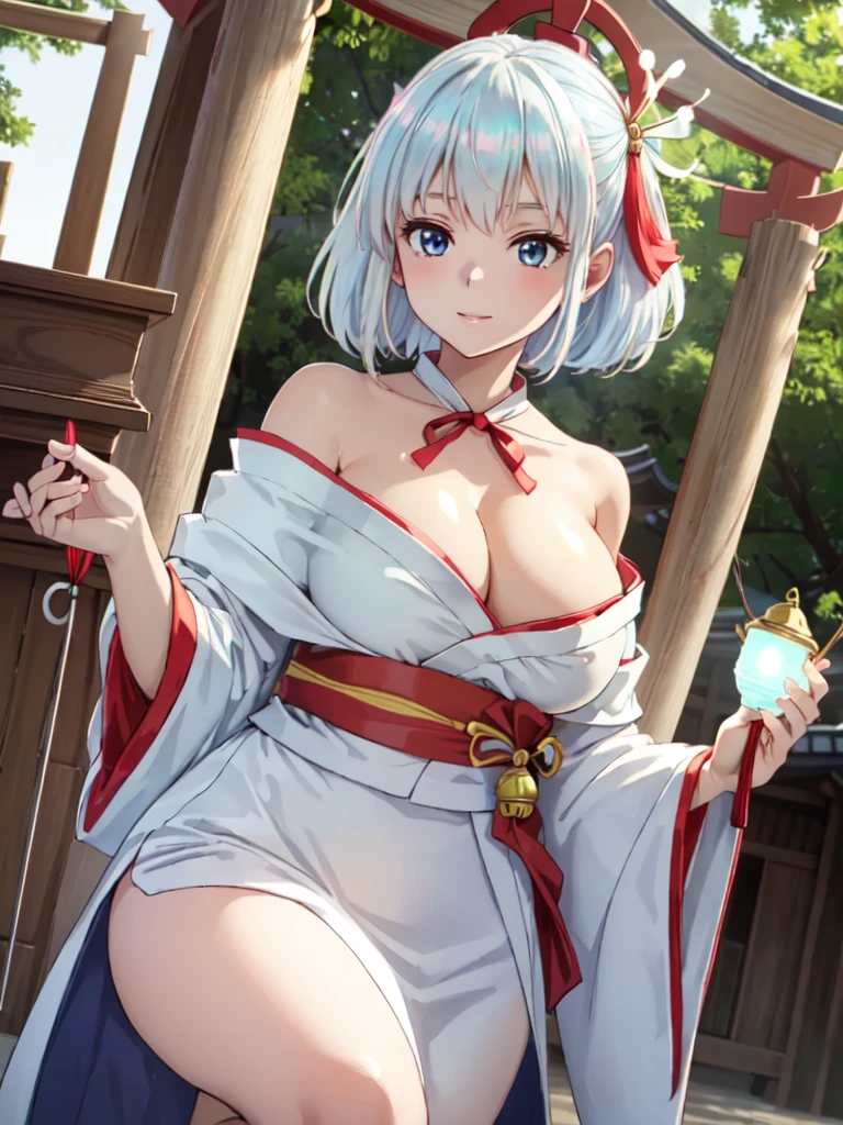 masterpiece, best quality, ultra detailed, highres, extremely detailed CG unity 8k wallpaper, perfect lighting,  very detailed background, Outdoor、beautiful and aesthetic,sharp focus, perfect face, Perfect hands、Perfect Fingers、Perfect toes、Five fingers、
1lady、 smiling、
Light blue hair, Big light blue eyes、delicate oval face、(:1.8)、Looking up at the viewer、
(shrine maiden outfit:1.5)、(Kamiru bell:1.3)、
(off shoulder:1.3)、(Holding a kagura bell in hand:1.5)、
( shoulder:1.5)、(Hairpin:1.5)
Ambient light、Volumetric Light、shoot from side、(Glowing Skin:1.8)