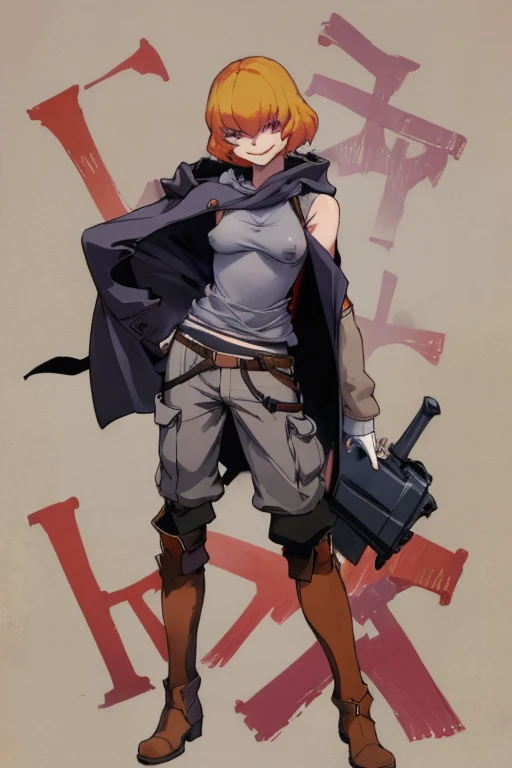 ((highest quality)), ((masterpiece)), (be familiar with),Clementine,Overload,{{nsfw}},Sleeveless hoodie,Grey Shirt,cargo pants,Bewitching Smile,whole body,boots,Long coat,Erect nipples
