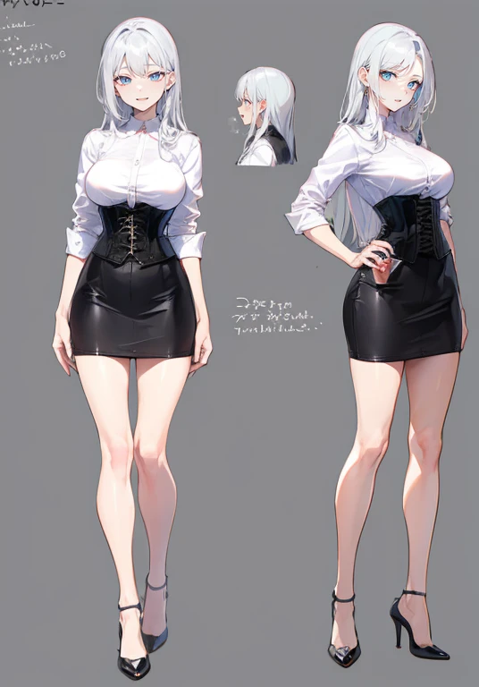 silver hair,Long hair,Adult female,Bartender,((Rolling up your sleeves shirt)),(Corset),(Tight skirt),High heels,((Simple background)),Smile,((Full body)),((whole body)),Character Sheet,