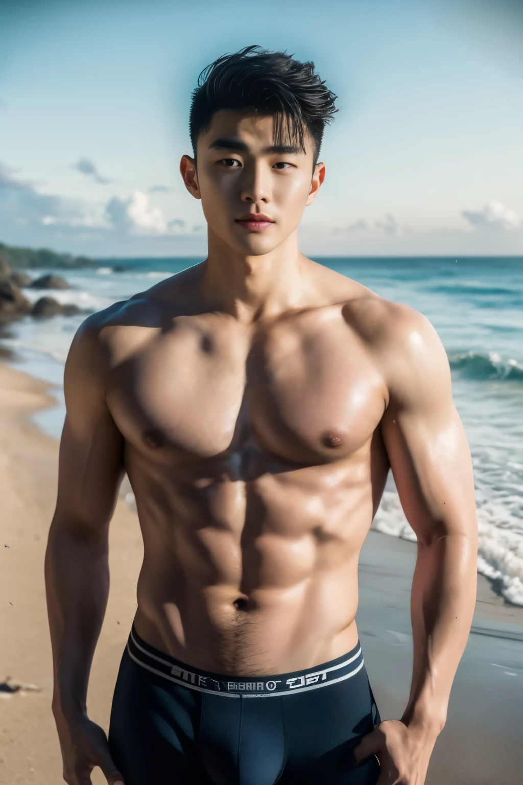 Realistic photography, 8k , handsome young muscular chinese man, wearing no shirt , wearing only black thong, huge bulge, beach
