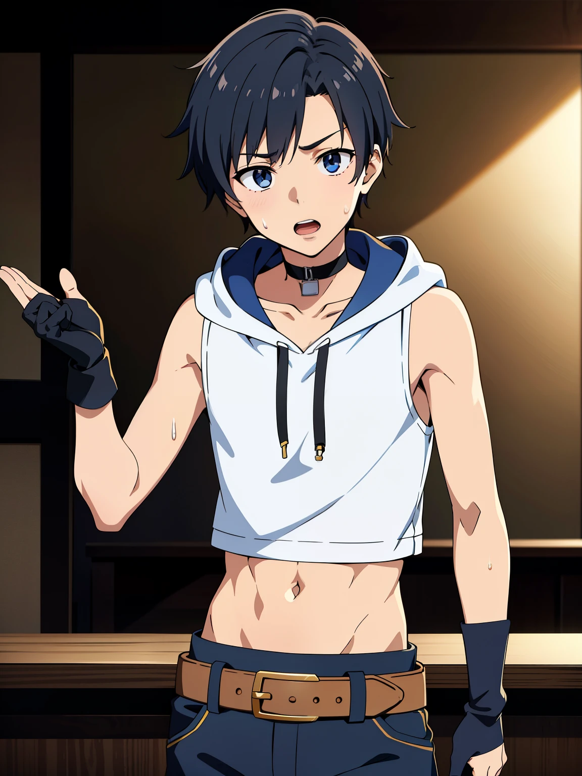 Highres, Masterpiece, Best quality at best,Best Quality,hight quality, hight detailed, 1boy, Boy, age boy, Fluffy hair, Side bangs, Solo person, Sleeveless hoodie, Croptop, Navel, Choker, Glove, Arm cover, Belt, Collarbone, Depth of field, Anime screencap style, thin line, Seductive pose, open mouth,Seen from the front, Little sweat, Kpop, Cute boy, Slim body, 15-year-old boys, Blurry and simple beckground, bokeh, Uhd