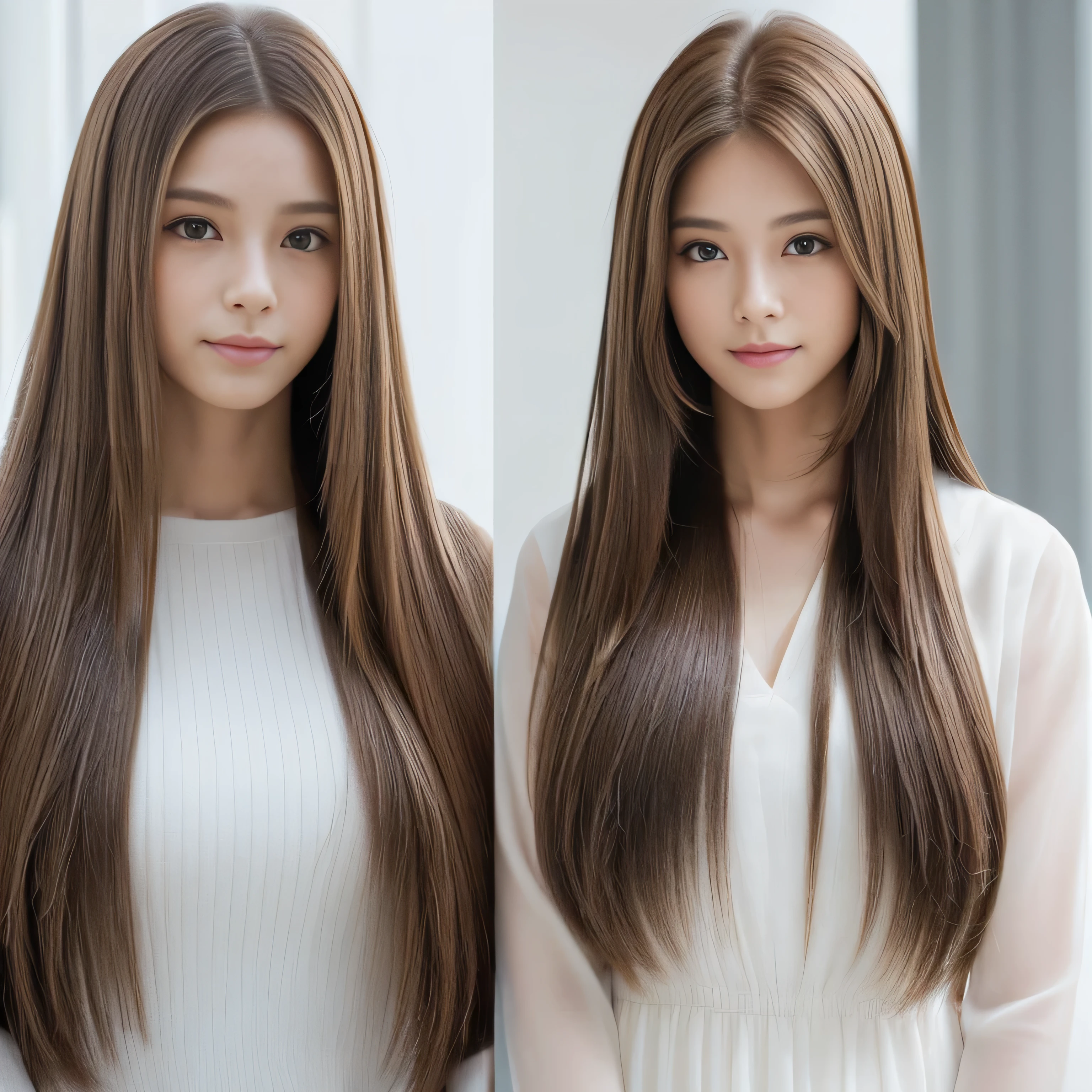 (Full body shot of three identical twins :1.3)　(Photograph three people in the same pose from the front:1.5)　(３Humans are the perfect clones:1.5, Wear the same clothes、Same pose:1.5　Physically identical except for hair color:1.5)　((Random poses to show the viewer as much hair as possible:1.4))　((Beautiful 24-year-old model with long brown hair, girl with super Very long hair that reaches down to the ankles, extremely Very long hair that reaches down to the ankles, Very long hair that reaches down to the ankles,Very long hair that reaches down to the ankles , Flowing Hair, very Very long hair that reaches down to the ankles, Very long hair that reaches down to the anklesgirl,Very long hair that reaches down to the ankles , flowing light brown hair, length Hair windy, very long light brown hair, flowing light brown hair,Incredibly straight long-lasting hair, Abnormally long髪!!!!　Her highest quality!!!! hair is long and straight., Very long light brown hair that reaches down to her ankles, highest quality light brown hair , Middle Hair, Highest quality long straightなVery long hair that reaches down to the ankles　straight, beautiful, High quality hair, Very long hair that reaches down to the ankles and bright brown hair highest quality straightVery long light brown hair that reaches down to her ankles, straight, highest quality light brown hair, Perfect silky straight hair of the highest quality, straight, highest quality light brown hair , lengthLight brown hair straight hair, length, Thick and voluminous light brown hair　Her hair is long and straight, very long light brown hair, length Middle Hair, Abnormally long straight light brown hair that reaches down to her ankles, Abnormally very long straight, beautiful hair of the highest quality, length Hair, length, straight light brown hair ,異常に非常に永遠に続く長い明るい茶色の髪 and free straight light brown hair , straight light brown hair))　(Her bangs are perfect.:1.3)　(Pure white wall background:1.8 Pure White Sofa)　(Japan&#39;s most sexy and beautiful 24-year-old beauty model)　(She looks at the viewer with a very seductive expression.....)　((highest quality)), ((masterpiece)), (Familiar)　(Get used to it)　Perfect Face　(Her skin is a typical Japanese skin color....　And very detailed)　　(Big Breasts:1.3)　(She is wearing a beautiful shiny white camisole.)　(She has a beautiful face and a typical Japanese figure...., Narrow eyes)　(She has perfect beautiful and sexy makeup and face　Lipstick is light red　A solid eyeliner)　((Rich 1.4))　(Extremely detailed 8K)　(Ultra-fine skin texture 1.4)　(Actual, Vibrant:1.4), double eyelid　Sharp focus:1.2、Beautiful woman:1.4　Dynamic Lighting　(Genuine RAW photos taken by professional photographers)　　Professional Hair Shine.　(She has a bright and cheerful face)　　(((Very long light brown hair 1.3)))　(length, shiny light brown hair, She is Abnormally Long、or very long light brown hairを持っている,Abnormally long、or very long light brown hair , Abnormally long、or very long light brown hair,Abnormally long、or very long light brown hair , Abnormally long、or very long light brown hair, Silky, Abnormally long、or very long light brown hair , Abnormally long、or very long light brown hair,Flat Hair　Abnormally long、or very long light brown hair, Very shiny,Abnormally long、or very long light brown hair , Thick and shiny, abnormally long、or very long light brown hair　Abnormally long, voluminous skirt that reaches down to the ankles、or very long light brown hair　Abnormally long、or very long light brown hair)　(Her face is slim and dignified.., length, Narrow eyes..々Nice face)