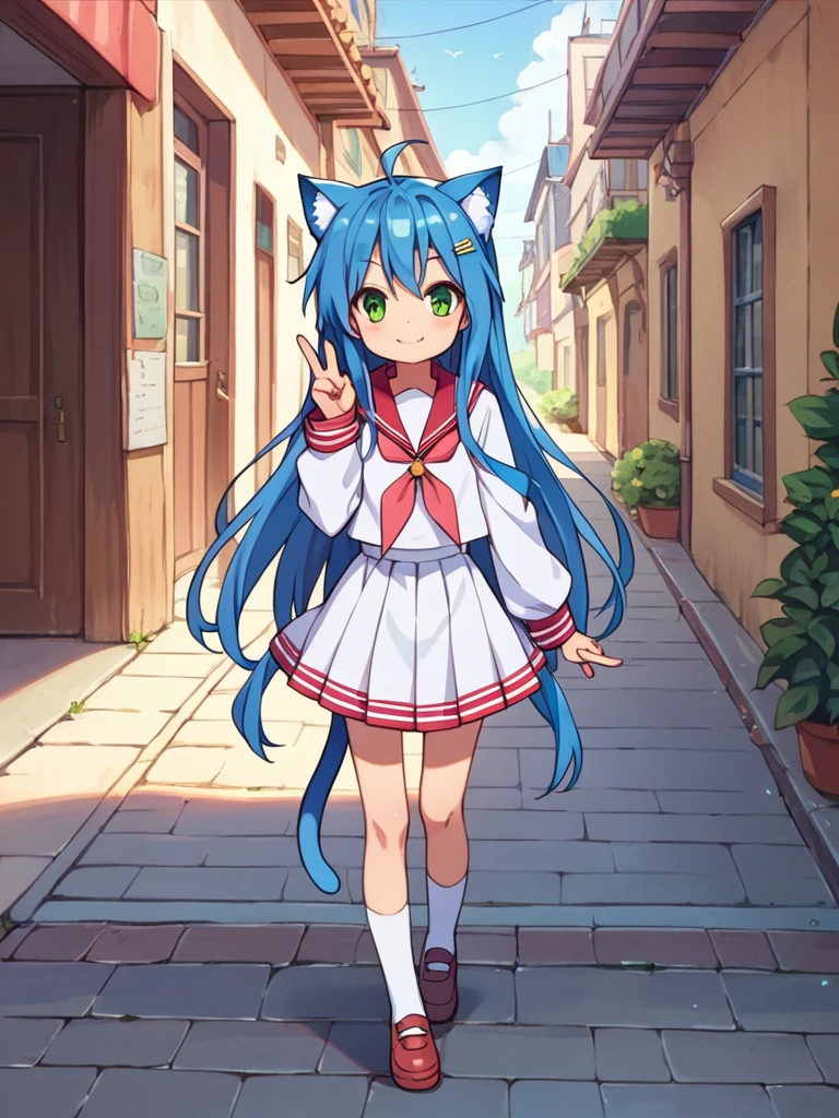 score_9, score_8_up, score_7_up, best quality, masterpiece, source_anime, photo, (natural skin, detailed skin:0.8), uncensored,
( ,cute ,small:0.5), (colourful,Colouring in:1.0),skinny,
konata izumi, long hair, green eyes, ahoge, blue hair, blue cat ears, blue cat tail, skinny, 
flat chest, 
1girl, outdoors, serafuku, red miniskirt, red sailor collar, shoes, white and red tighhighs, smile,
dynamic pose,v,
,   