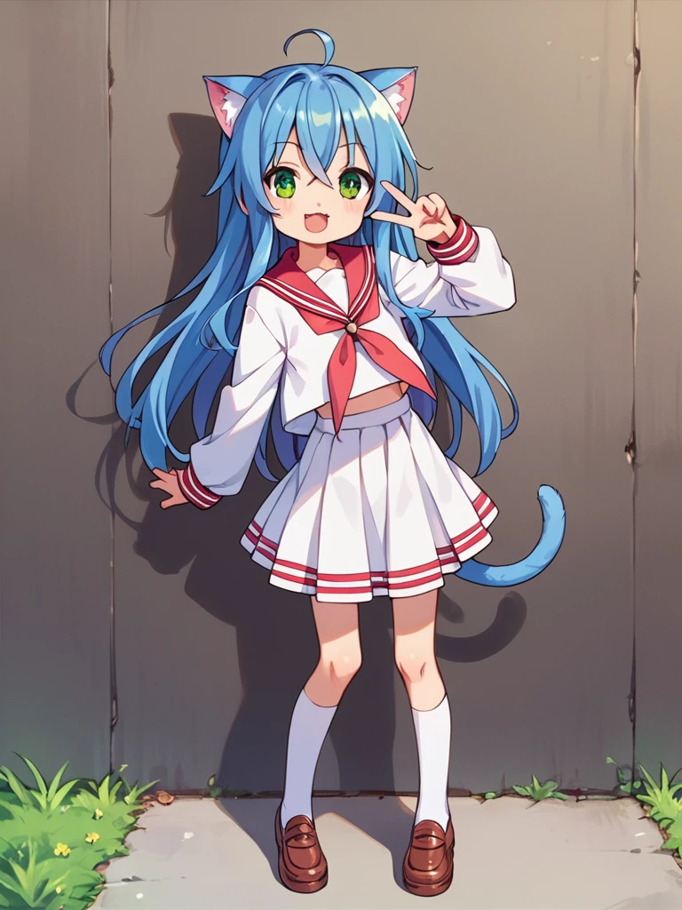 score_9, score_8_up, score_7_up, best quality, masterpiece, source_anime, photo, (natural skin, detailed skin:0.8), uncensored,
(child ,cute ,small girl:0.5), (colourful,Colouring in:1.0),skinny,
konata izumi, long hair, green eyes, ahoge, blue hair, blue cat ears, blue cat tail, skinny, 
flat chest, 
1girl, outdoors, serafuku, red miniskirt, red sailor collar, shoes, white and red tighhighs, smile,
dynamic pose,v,
,   