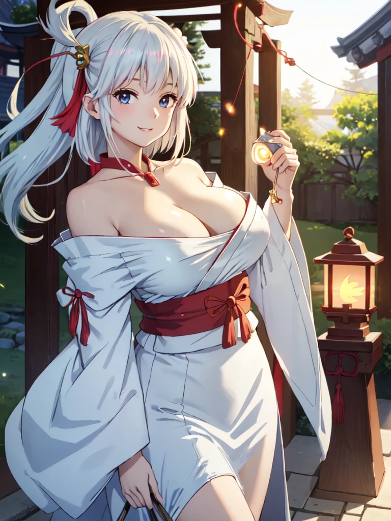 masterpiece, best quality, ultra detailed, highres, extremely detailed CG unity 8k wallpaper, perfect lighting, very detailed background, Outdoor、beautiful and aesthetic,sharp focus, perfect face, Perfect hands、Perfect Fingers、Perfect toes、Five fingers、
1lady、 smiling、
Light blue hair, Big light blue eyes、delicate oval face、(large breasts:1.8)、Looking up at the viewer、
(shrine maiden outfit:1.5)、(Kamiru bell:1.3)、
(off shoulder:1.3)、(Holding a kagura bell in hand:1.5)、
(bare shoulder:1.5)、(Hairpin:1.5)
Ambient light、Volumetric Light、shoot from side、(Glowing Skin:1.8)