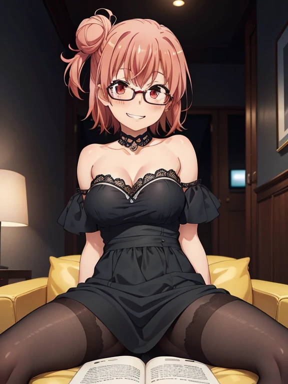 ((masutepiece, Best Quality, hight resolution, nffsw, Perfect Pixel, depth of fields, 4K, )), 1girl in, Solo, , Beautiful anime girl, Beautiful Art Style, 
sitting on sofa:1.3, spread legs:1.3, hotel room background, Looking at viewer,
Perfect body, grin smile,
Yuigahama Yui, Hair bun, short hair, large breasts, geek glasses:1.3, reading book:1.4,

Full face blush, black pantyhose:1.4, black lace dress:1.2, red face, 
straight-on:1.3, medium shot