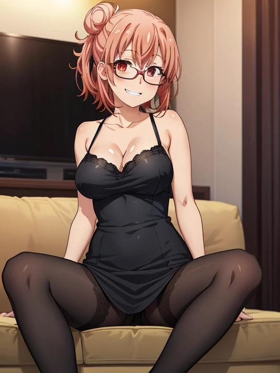 ((masutepiece, Best Quality, hight resolution, nffsw, Perfect Pixel, depth of fields, 4K, )), 1girl in, Solo, , Beautiful anime girl, Beautiful Art Style,
sitting on sofa:1.3, spread legs:1.3, hotel room background, Looking at viewer,
Perfect body, grin smile,
Yuigahama Yui, Hair bun, short hair, large breasts, geek glasses:1.3, reading book:1.4,
Full face blush, black pantyhose:1.4, black lace dress:1.2, red face,
straight-on:1.3, medium shot