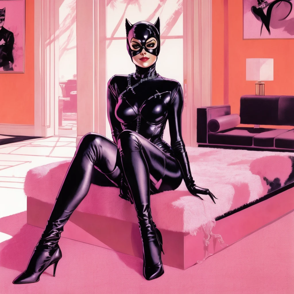 illustration in the style of playboy magazine pin-up medium shot, catwoman woman, sitting on top of a vintage pink furr carpet, 60s retro futuristic appartment, warm light, syd mead, brush strokes, bold lines, acrylic painting