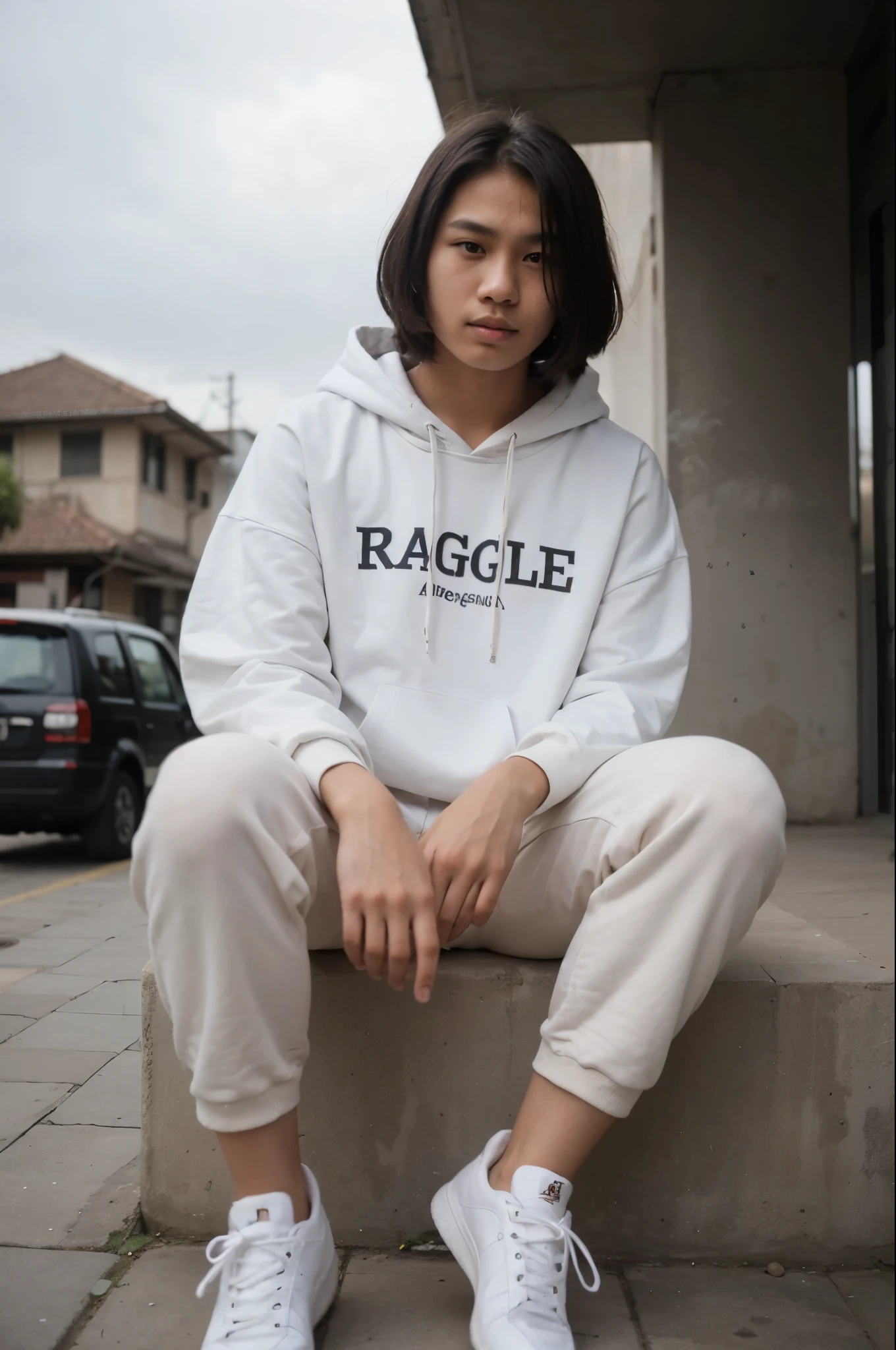 An 18 year old Indonesian ager, boyfriend bob haircut, wearing a white oversized hoodie and black buggy cargo pants, is sitting in front of the building while smoking with an Indonesian feel.