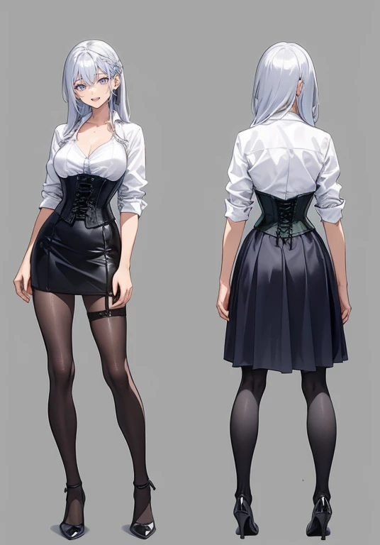 silver hair,Long hair,Adult female,Bartender,((Rolling up your sleeves shirt)),(Corset),(Tight skirt),High heels,((Simple background)),Smile,((Full body)),((whole body)),Character Sheet,Arms slightly open