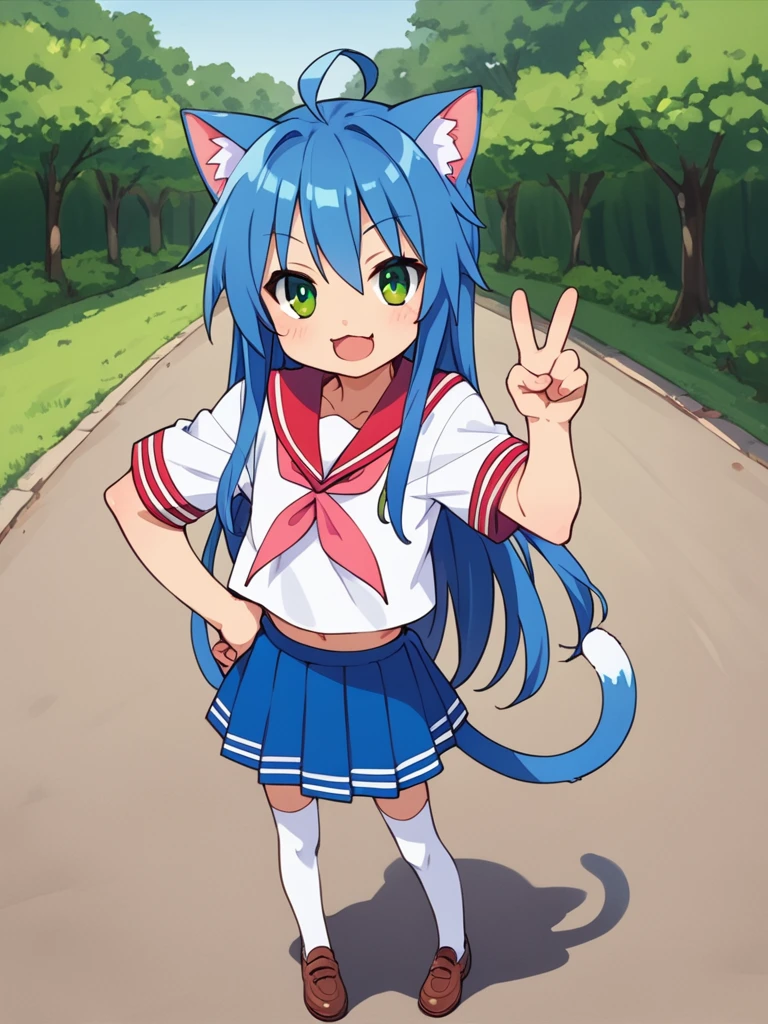 score_9, score_8_up, score_7_up, best quality, masterpiece, source_anime, photo, (natural skin, detailed skin:0.8), uncensored,
( ,cute ,small:0.5), (colourful,Colouring in:1.0),skinny,
konata izumi, long hair, green eyes, ahoge, blue hair, blue cat ears, blue cat tail, skinny, 
flat chest, 
1girl, outdoors, serafuku, red miniskirt, red sailor collar, shoes, white and red tighhighs, smile,
dynamic pose,v,
,   