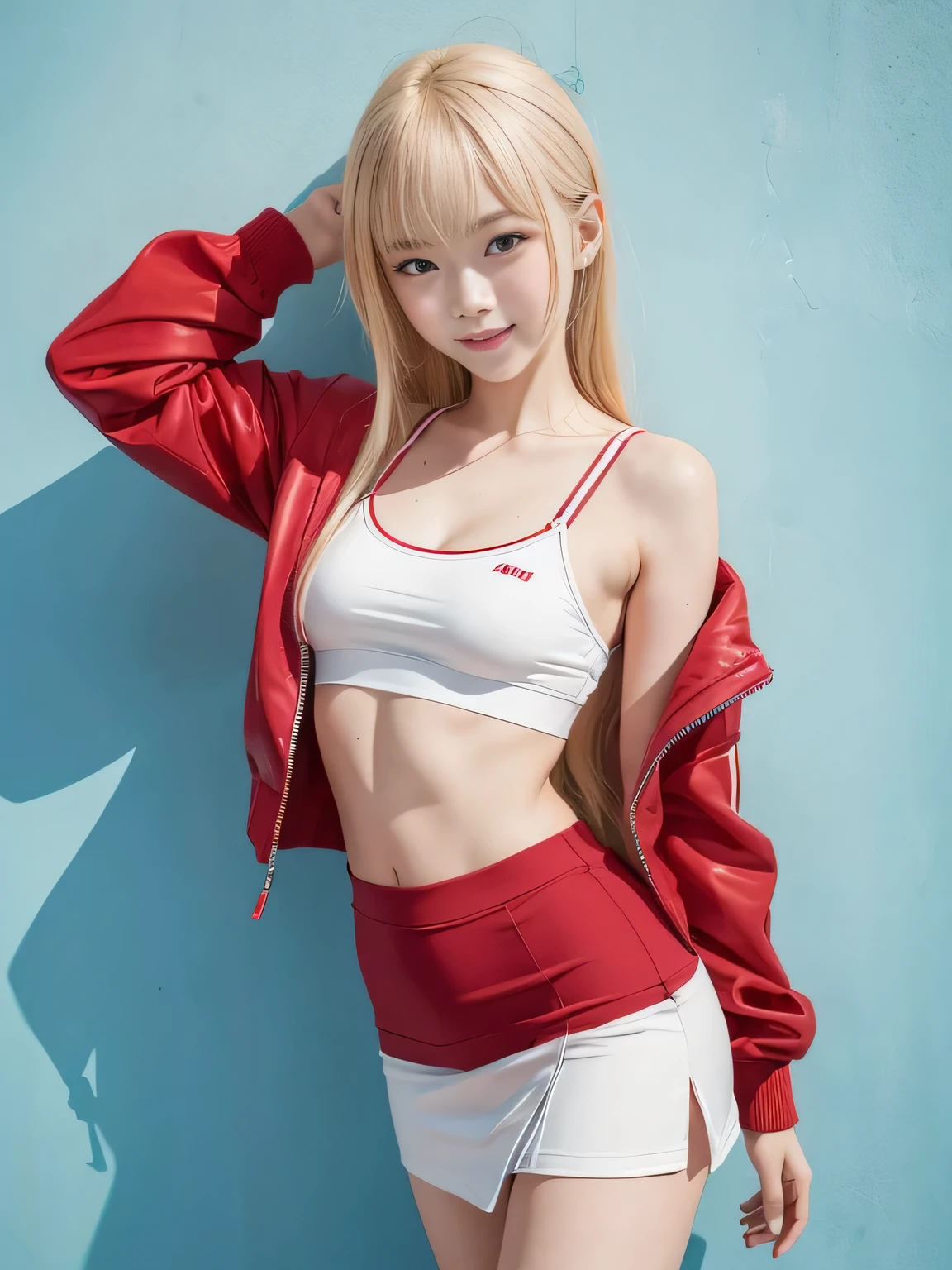 one person、one person、Red sailor suit and navy blue miniskirt、16-year-old high school girl、victory、Tsundere、smile、Saucy、Blonde、small、Slim girl model photo、body:Female Model、Japanese female fashion model、(8K、Raw photo、Best image quality、masterpiece:1.2)、(Genuine、photoGenuineistic:1.37)、Ultra-high resolution、Ultra-high resolution、Standing position、whole body、((((sexy)))、Light blue wall、Shapely small 