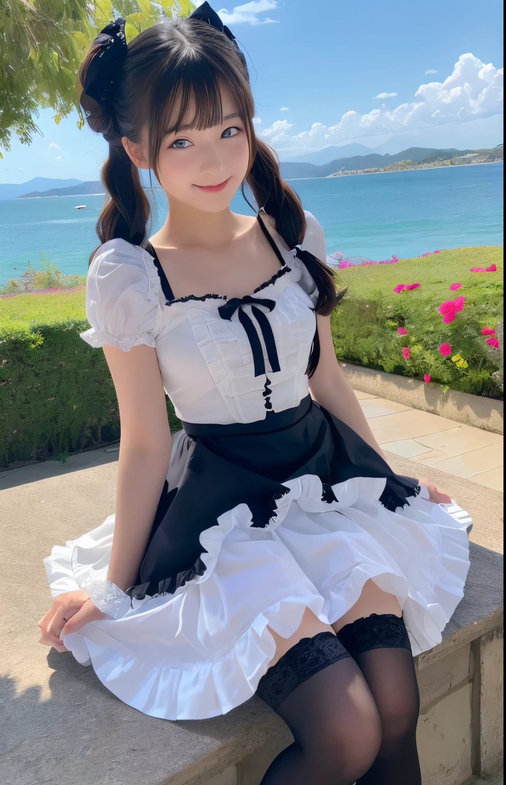 ((masterpiece)), ((highest quality、Ultra high definition)), (Very detailed),8K、Photo quality、((Amazingly cute girl)), , Two people, , (Beautiful emerald blue eyes), ((smile)),In the open-air bath overlooking the sea, Beautifully arranged black hair in twin tails、whole body、(Super high-end white see-through summer gothic lolita maid costA super mini skirt with lots of frills)、Professional Lighting、(White lace knee-highs)、