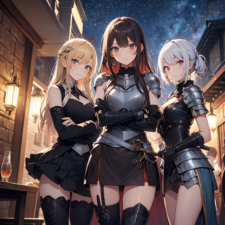 A group of young female knight, (in tavern), various hair styles, harem, wearing armored clothes, metal armor, night, details face, , short skirt, seducing, sword, sleeveless , night, starry night