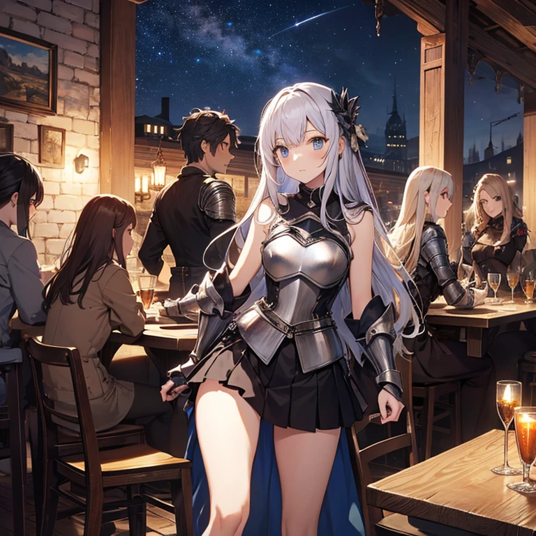 A group of young female knight, (in tavern), various hair styles, harem, wearing armored clothes, metal armor, night, details face, , short skirt, seducing, sword, sleeveless , night, starry night