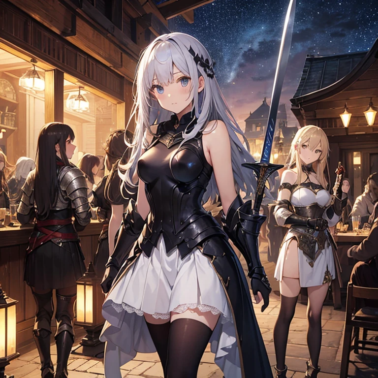 A group of young female knight, (in tavern), various hair styles, harem, wearing armored clothes, metal armor, night, details face, , short skirt, seducing, sword, sleeveless , night, starry night