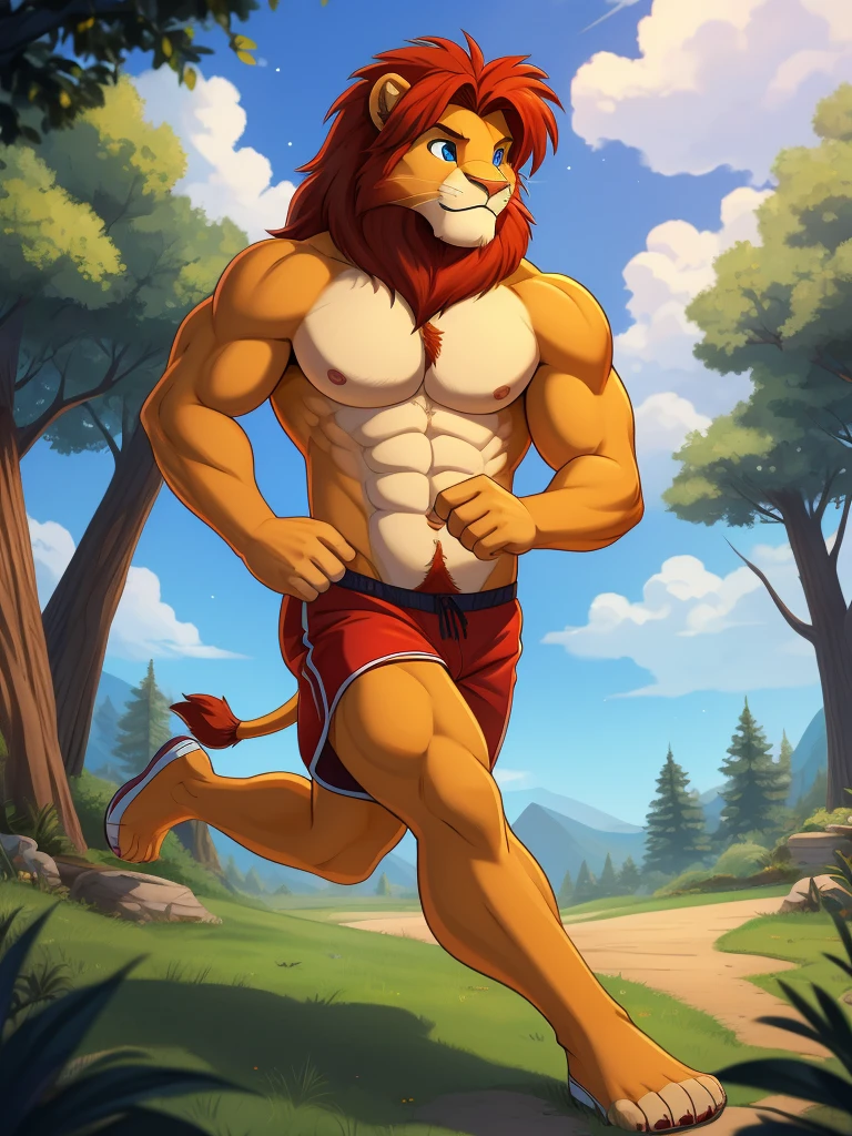 simba, a furry lion, furry, shirtless, muscular, male, masculine, red hair, yellowish fur, long lion tail, blue cartoony eyes, red hairy armpits, cartoony, illustration, sharp focus, smooth colors, medium length hair, two blogs haircut, young guy, topless, big pecs, alone, single, smooth lining, youth, red shorts, running, jogging, outdoor, magical forest, fantasy sky, clouds, stars