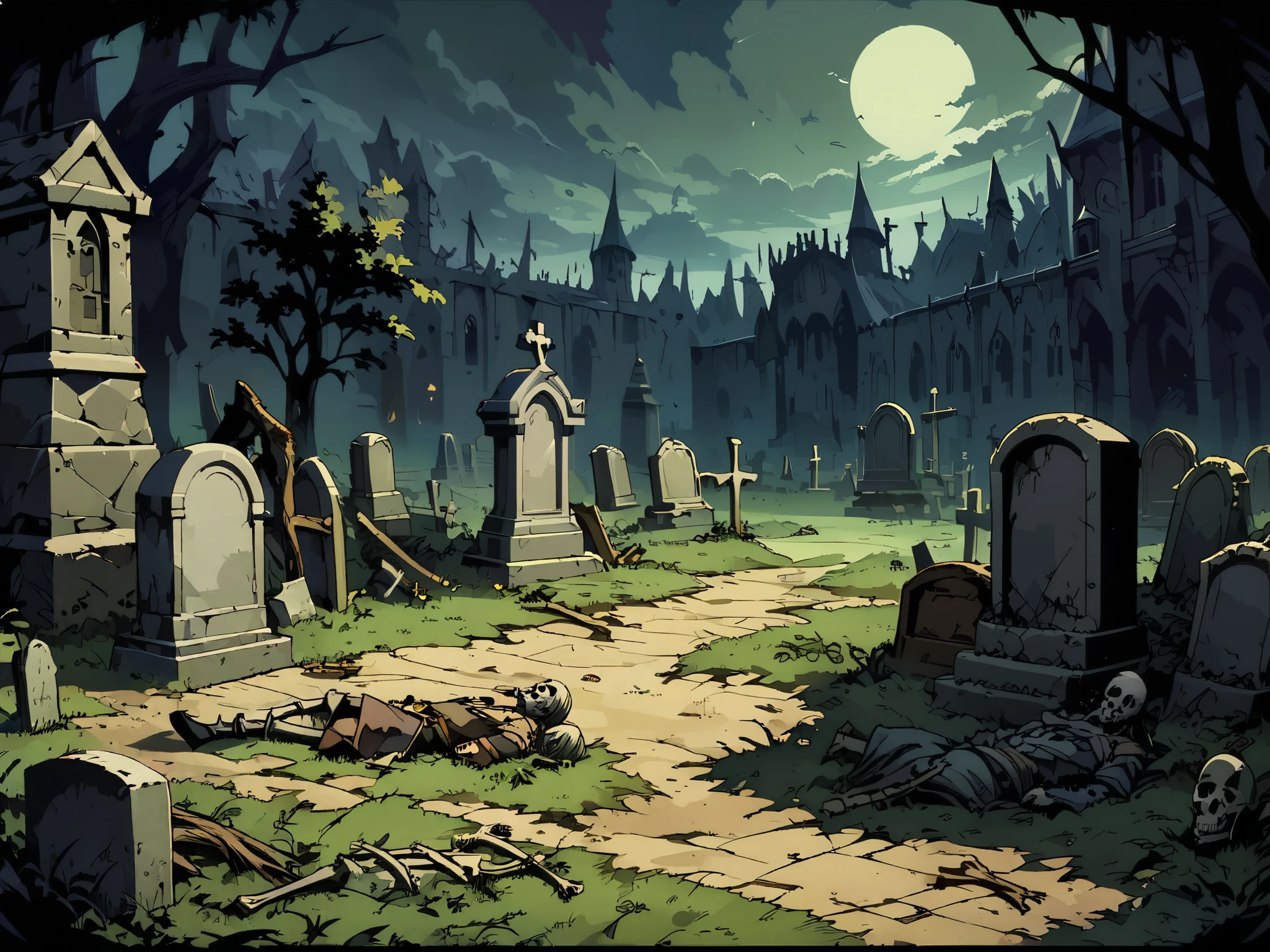 graveyard(Medieval Europe)，Full of weeds and dead wood，Spooky environment，tombstone，coffin，Bones，Corpse，night。Mid-ground composition，Panorama pictures，Scene screen，Game concept art style，Anime illustration style，HD，4K。