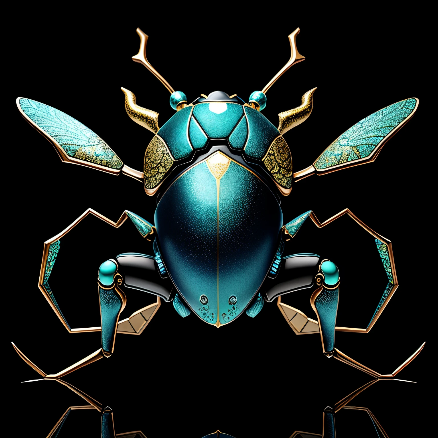 A meticulously crafted and artistically rendered stag beetle, with intricate details and vibrant colors. The body is adorned with metallic textures in shades of turquoise and gold, shimmering under the soft light. Its exoskeleton reveals intricate patterns, reminiscent of stained glass or finely crafted jewelry, adding an ethereal quality to its appearance. Perched on a dark wooden surface, the contrast between the vibrant colors of the beetle and the muted background enhances its intricate design, drawing the eye and showcasing its sharp features. The beetle's large mandibles and antennae stand out in high relief, adding