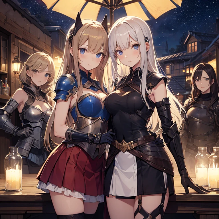 A group of young female knight, (in tavern), various hair styles, harem, wearing armored clothes, metal armor, night, details face, , short skirt, seducing, sword, sleeveless , night, starry night
