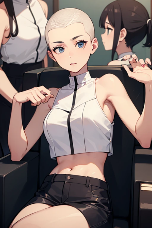 3girls, white croptop, half buzzcut shaved head hairstyle, sitting in salon seat,