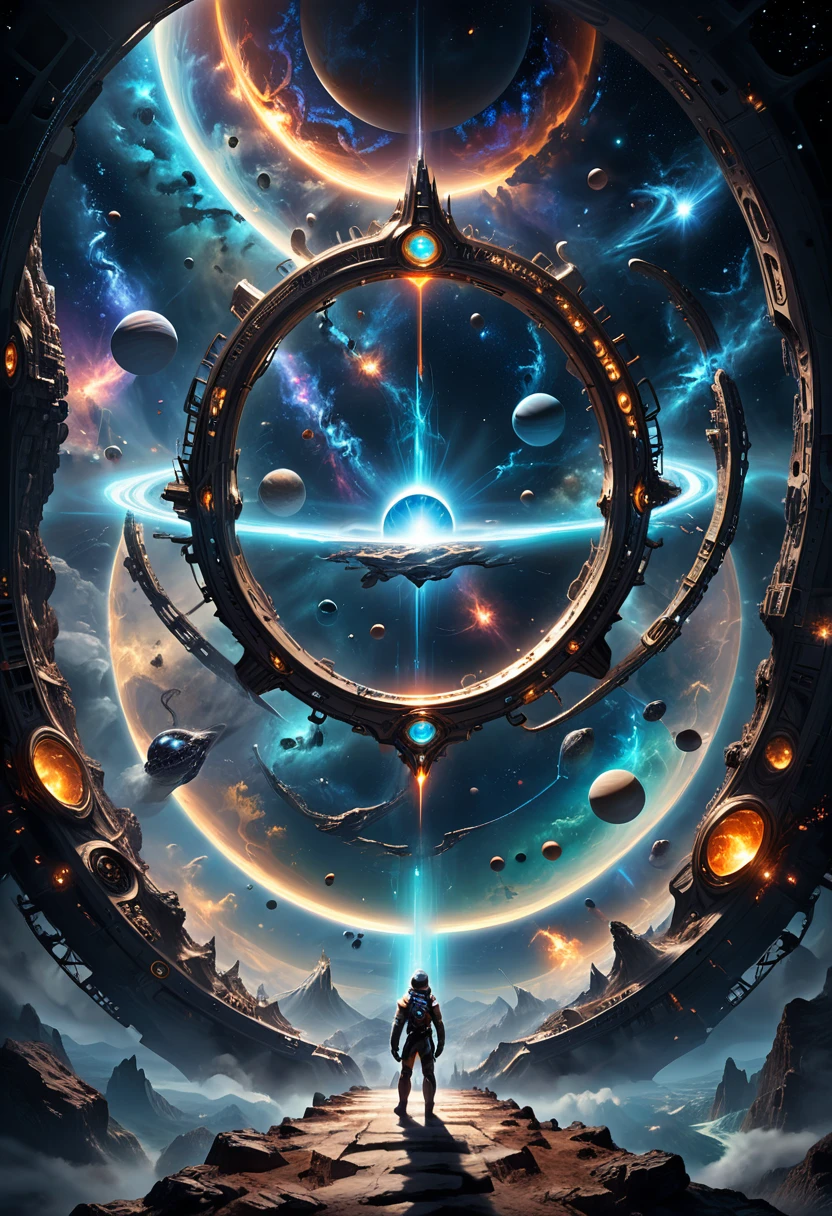 In the void between star systems, mysterious interstellar portals swirl with arcane energies, their enigmatic allure beckoning travelers to venture into the unknown depths of the cosmos, (masterpiece, best quality, Professional, perfect composition, very aesthetic, absurdres, ultra-detailed, intricate details:1.3)