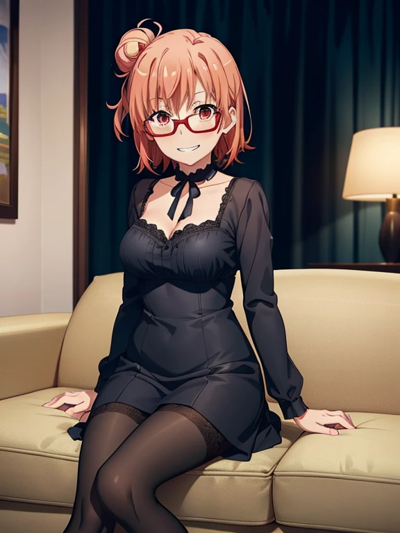 ((masutepiece, Best Quality, hight resolution, nffsw, Perfect Pixel, depth of fields, 4K, )), 1girl in, Solo, , Beautiful anime girl, Beautiful Art Style,
sitting on sofa:1.3, hotel room background,
Perfect body, grin smile,
Yuigahama Yui, Hair bun, short hair, large breasts, geek glasses:1.3, reading book:1.5,
Full face blush, black pantyhose:1.4, black lace dress:1.2, red face,
straight-on:1.3, medium shot